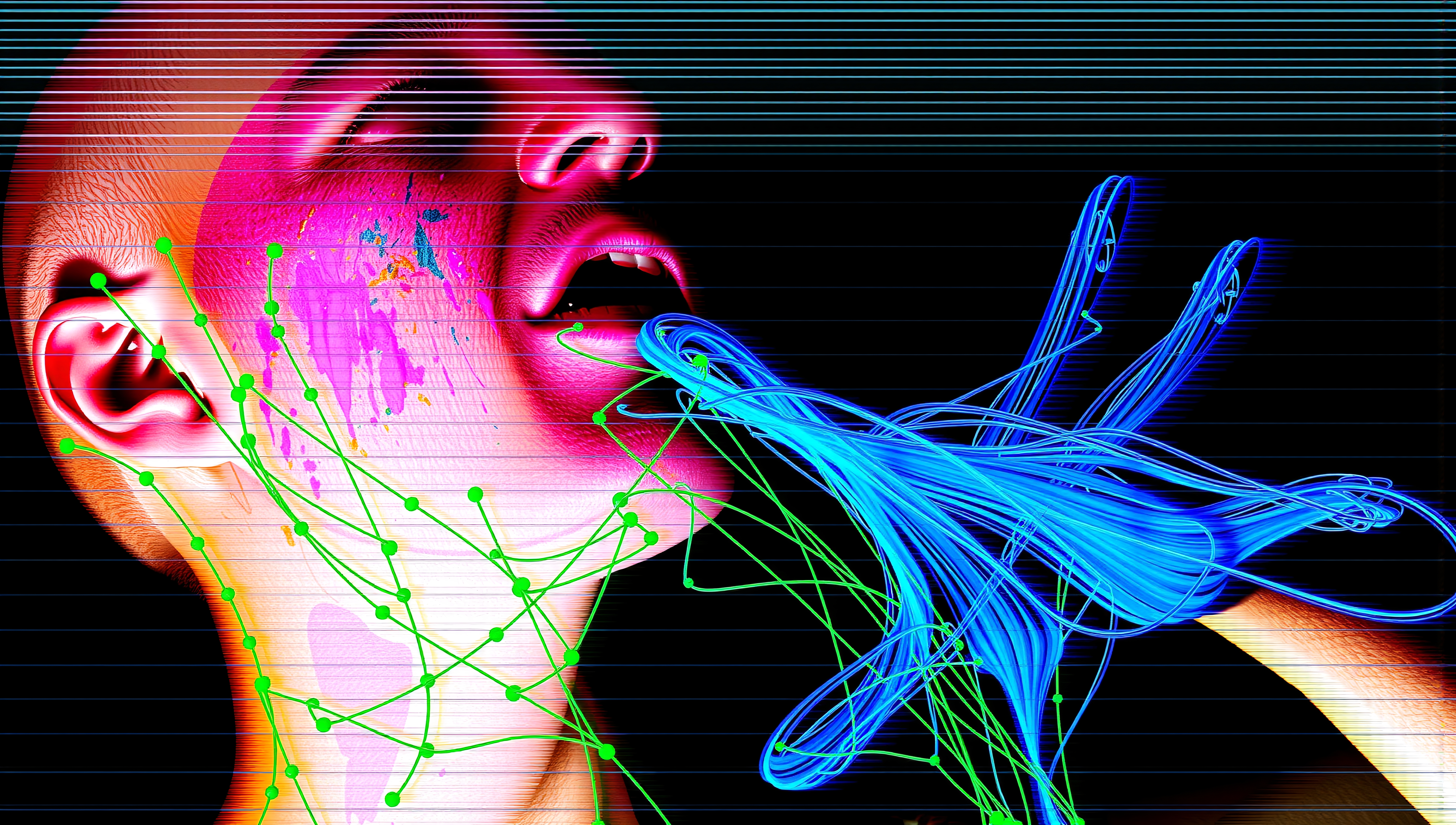A surreal image of a human face with digital and neural elements, featuring blue fibers and green lines.