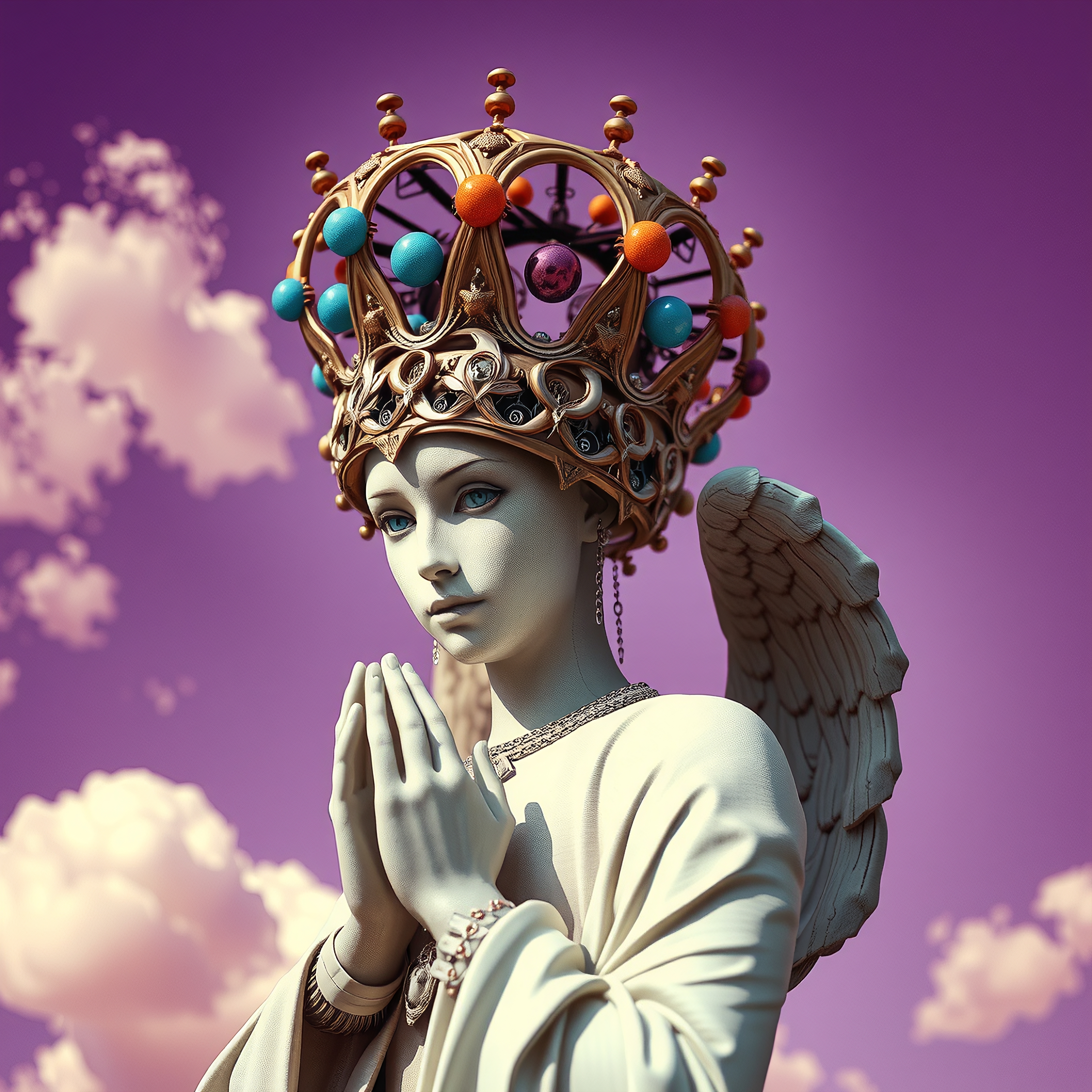 A serene angel statue with wings and a colorful crown against a vibrant purple sky.