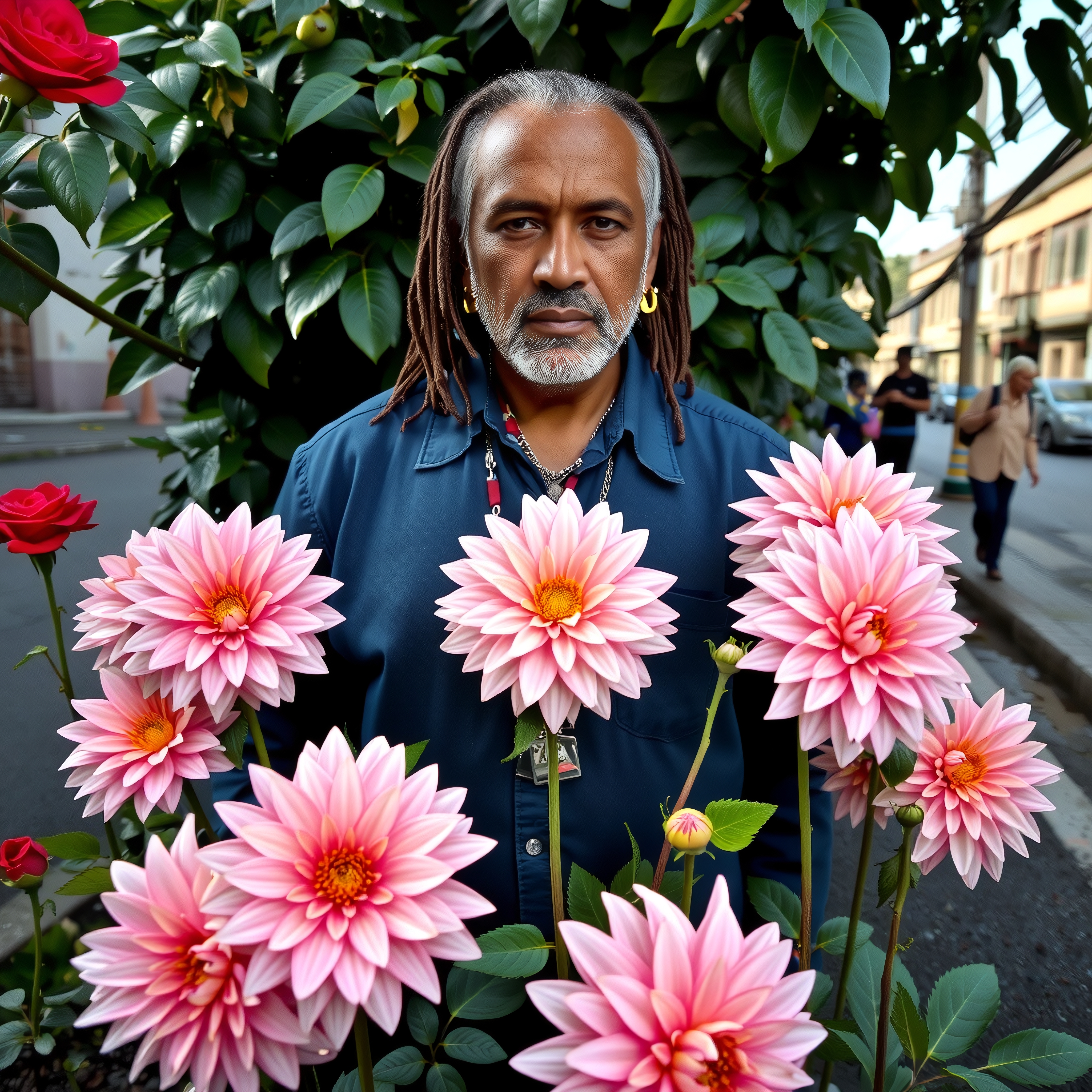A man with dreadlocks stands surrounded by vibrant pink dahlias in a garden setting with an urban backdrop.