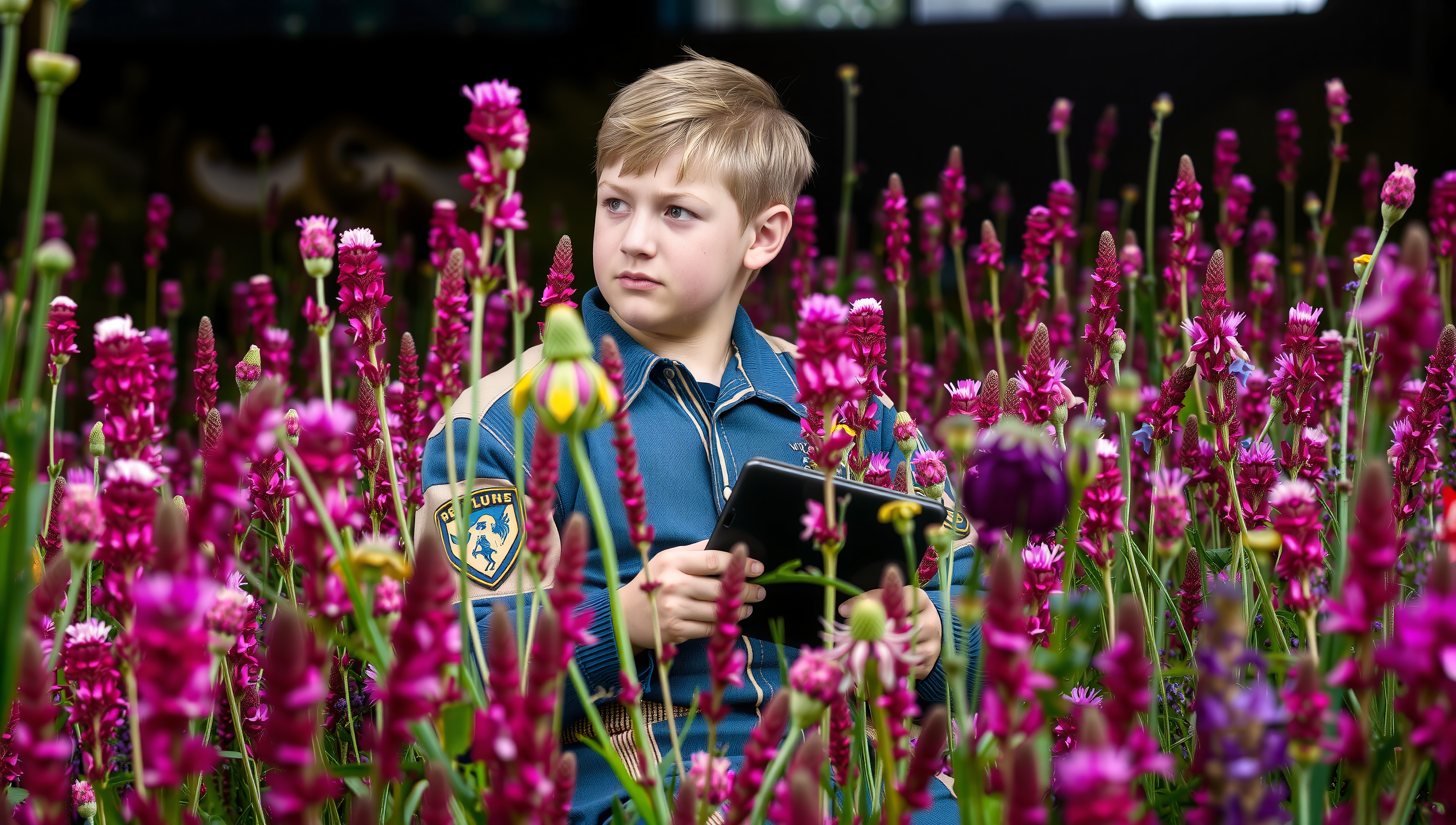 Young boy with tablet sits among tall, vibrant pink flowers, looking contemplative.