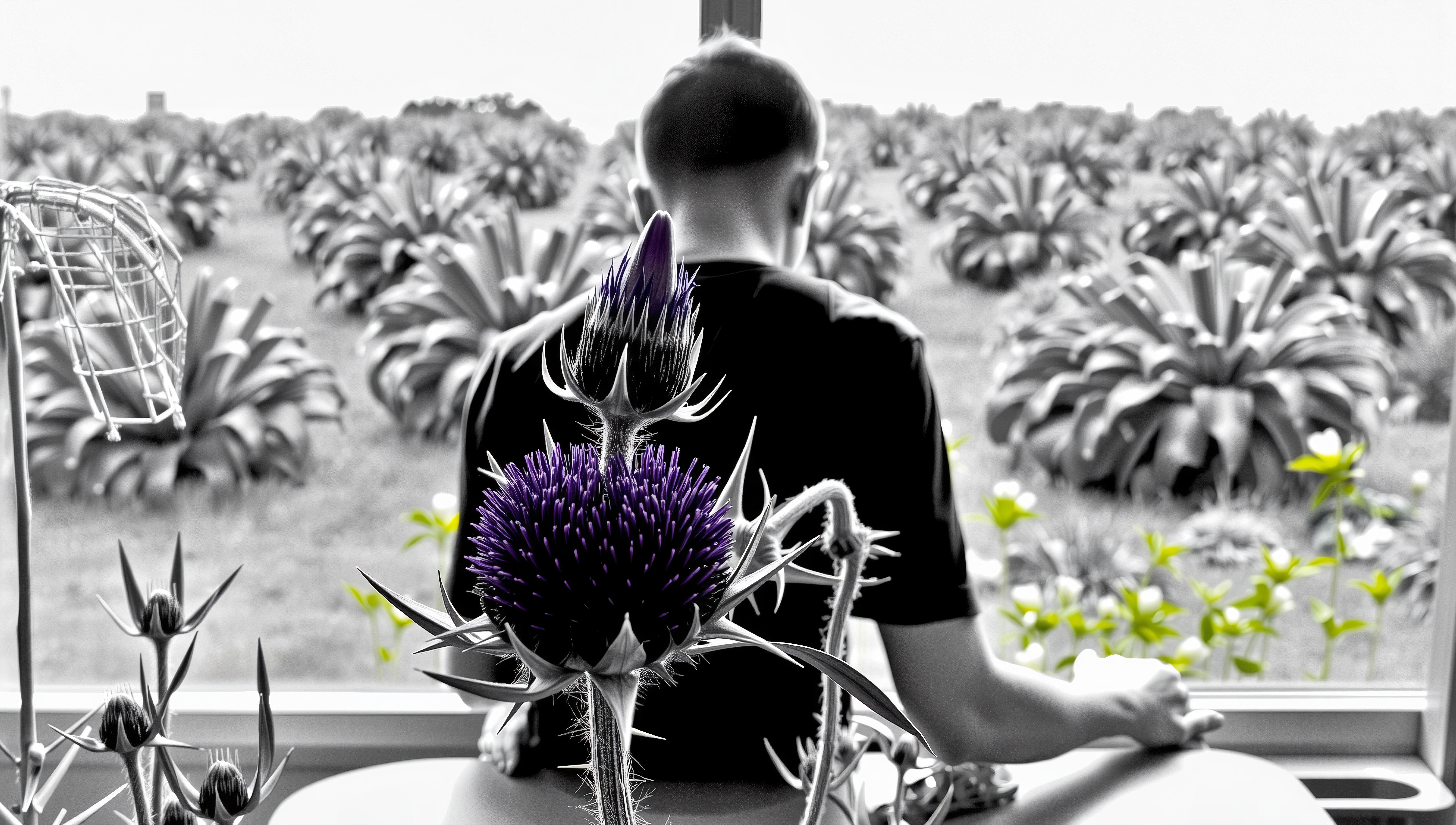 Man sitting inside looking out at purple thistles and agaves through window