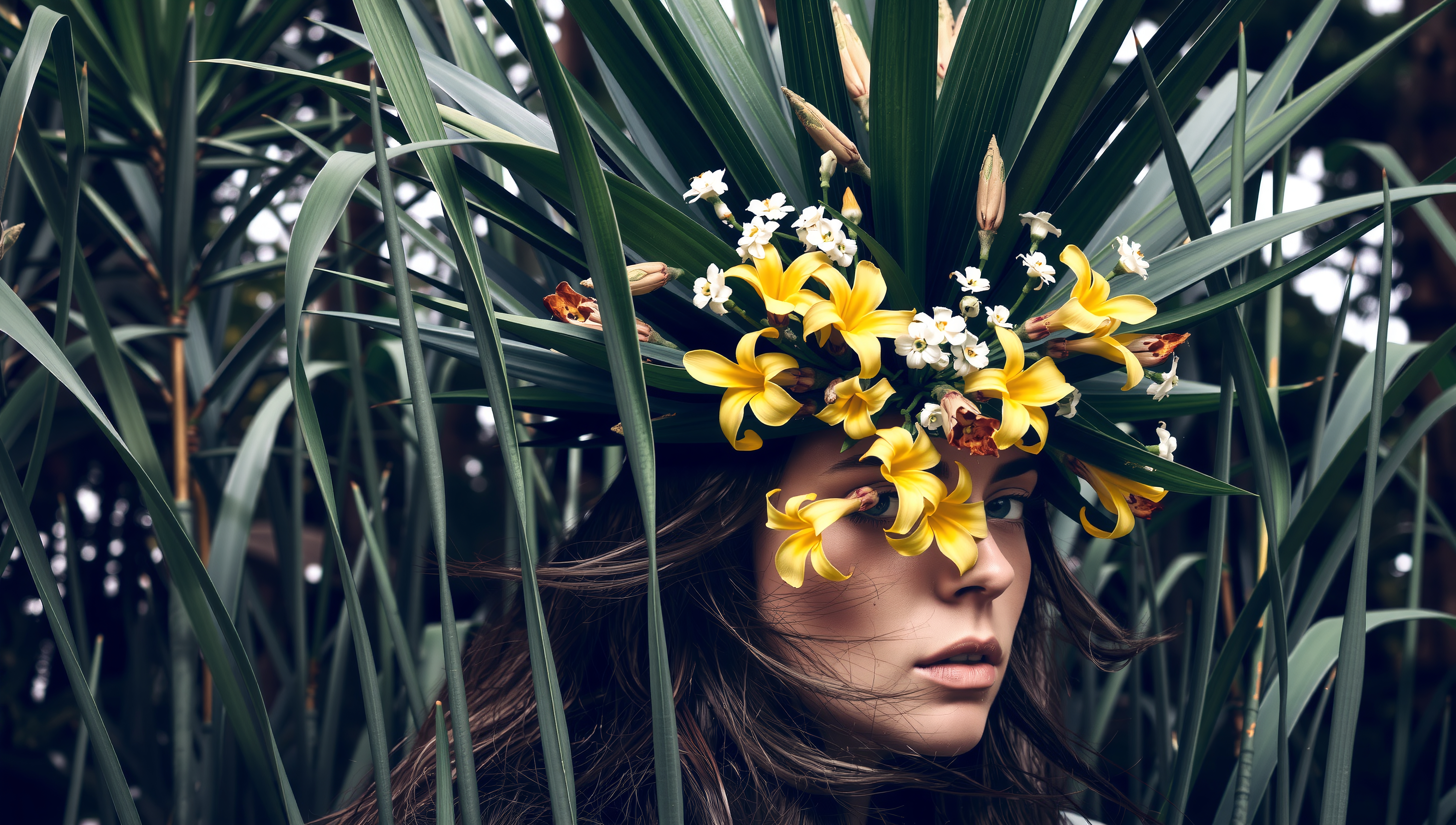 Woman wearing floral crown among tall green leaves in tranquil nature portrait