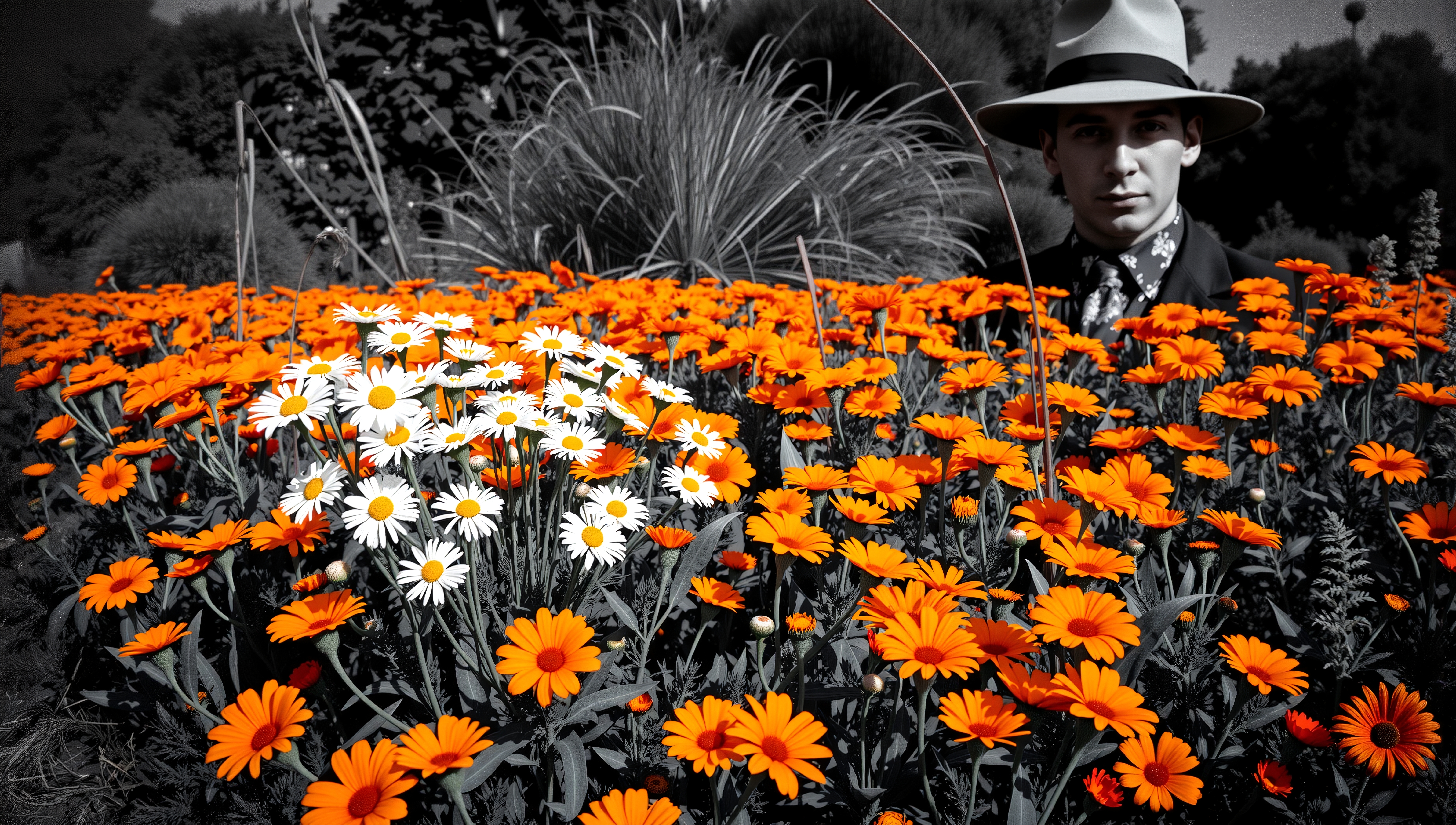 A man in a hat stands partially hidden among vibrant orange and white daisies against a grayscale background.