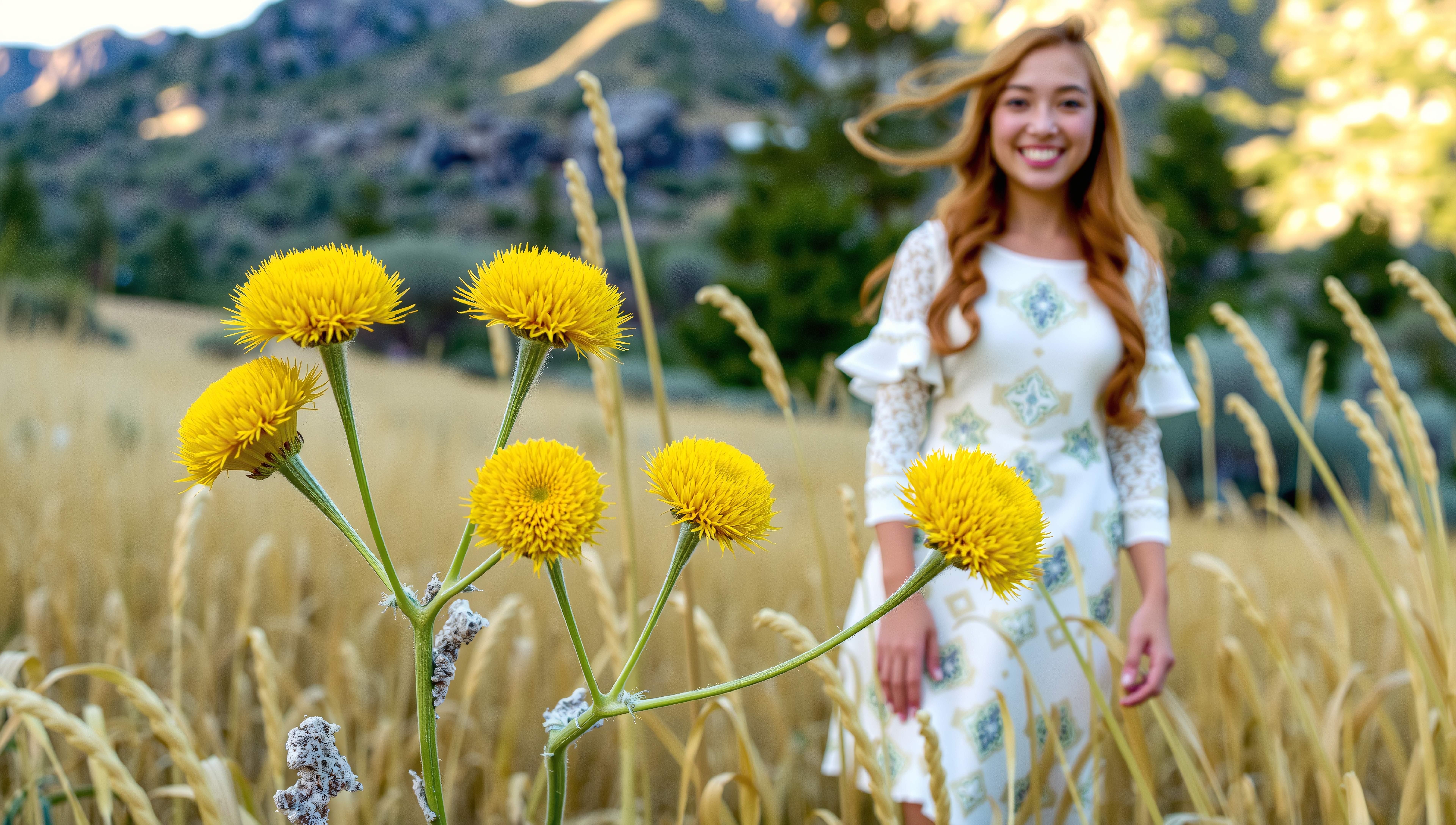 Young smiling woman posing among golden daisies in sunny mountain meadow wearing elegant white patterned dress