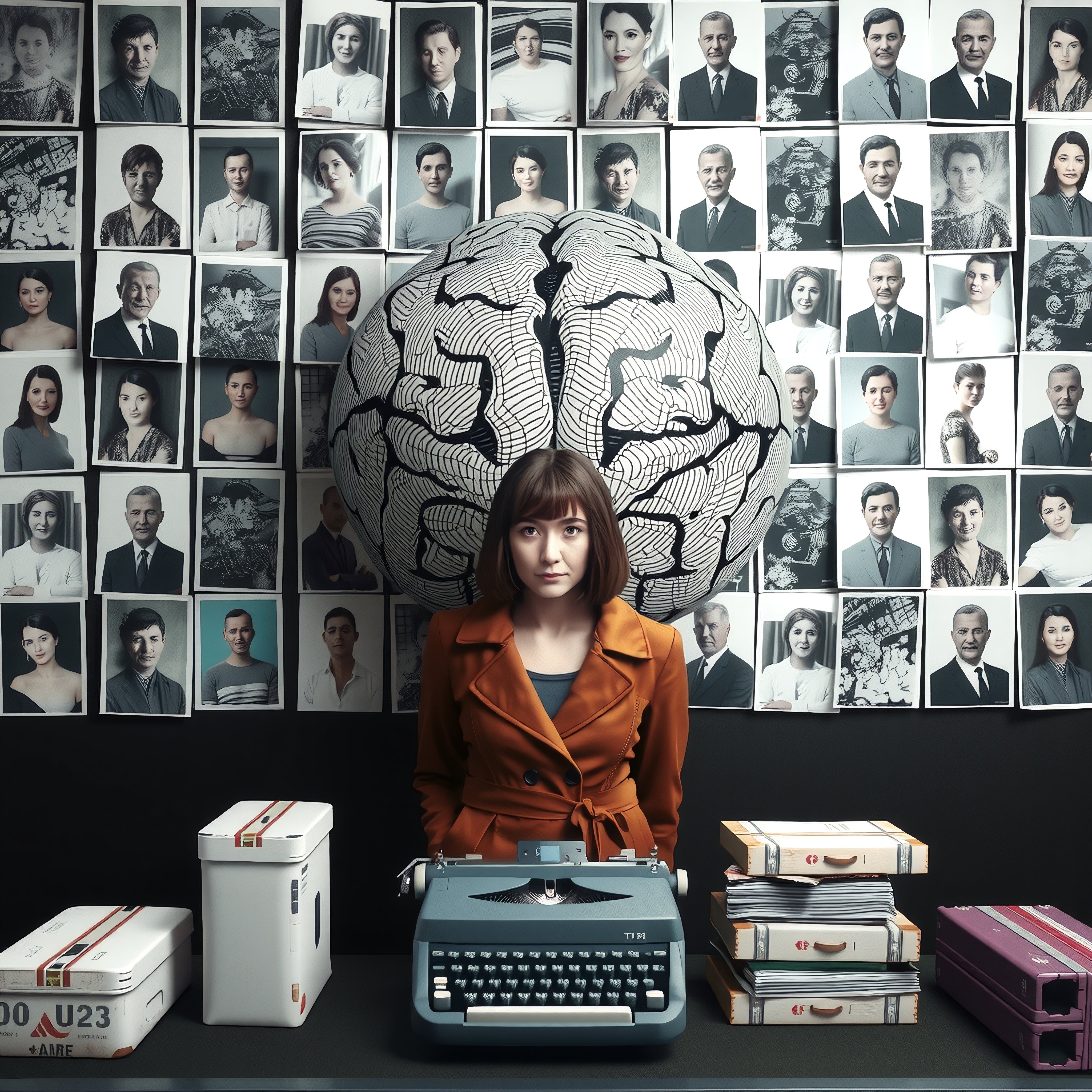 A woman in an orange coat stands before a wall of portraits with a brain illustration, vintage typewriter, and documents.