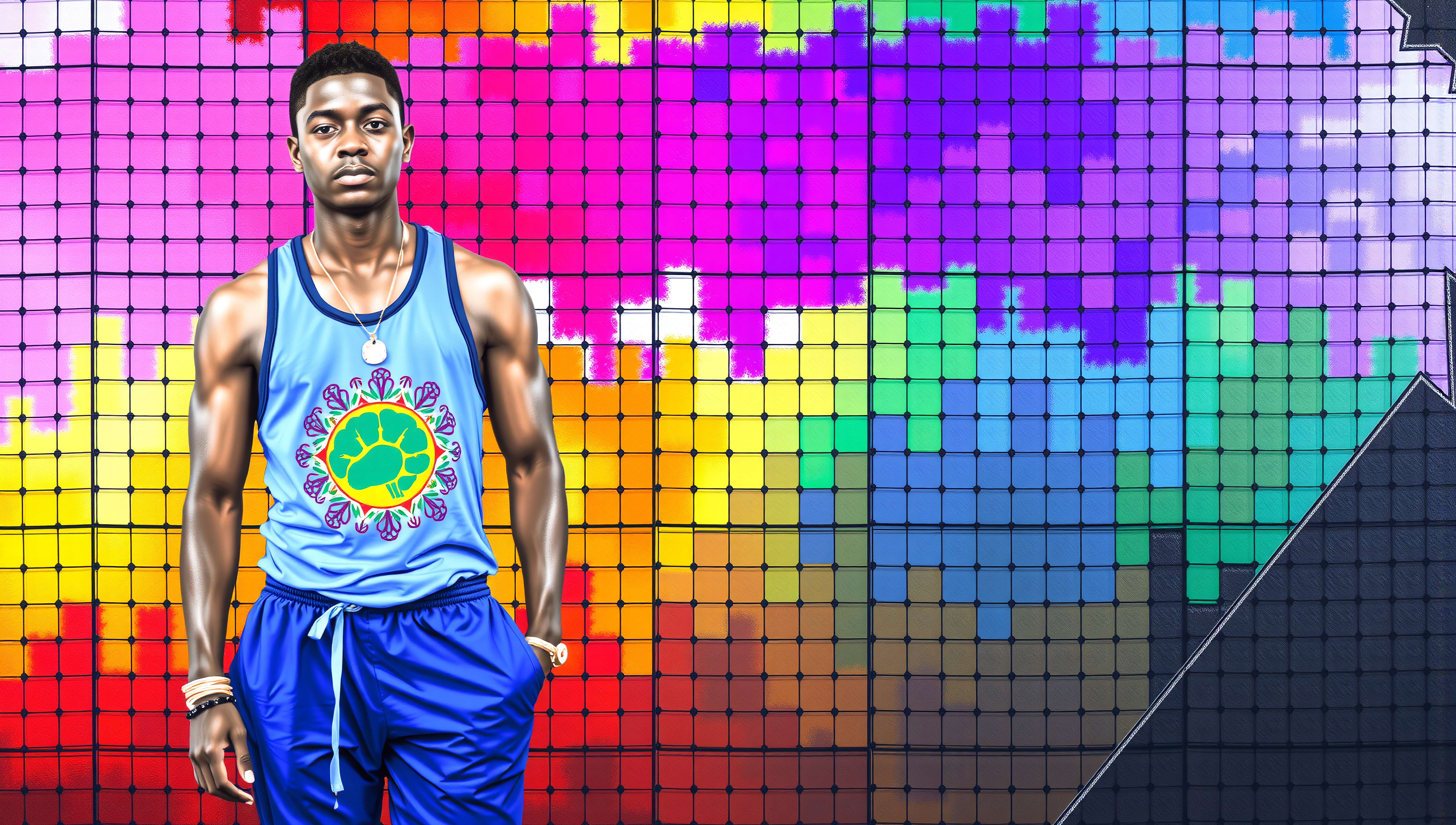 Young Black male athlete posing in colorful pixelated rainbow background wearing blue sports outfit