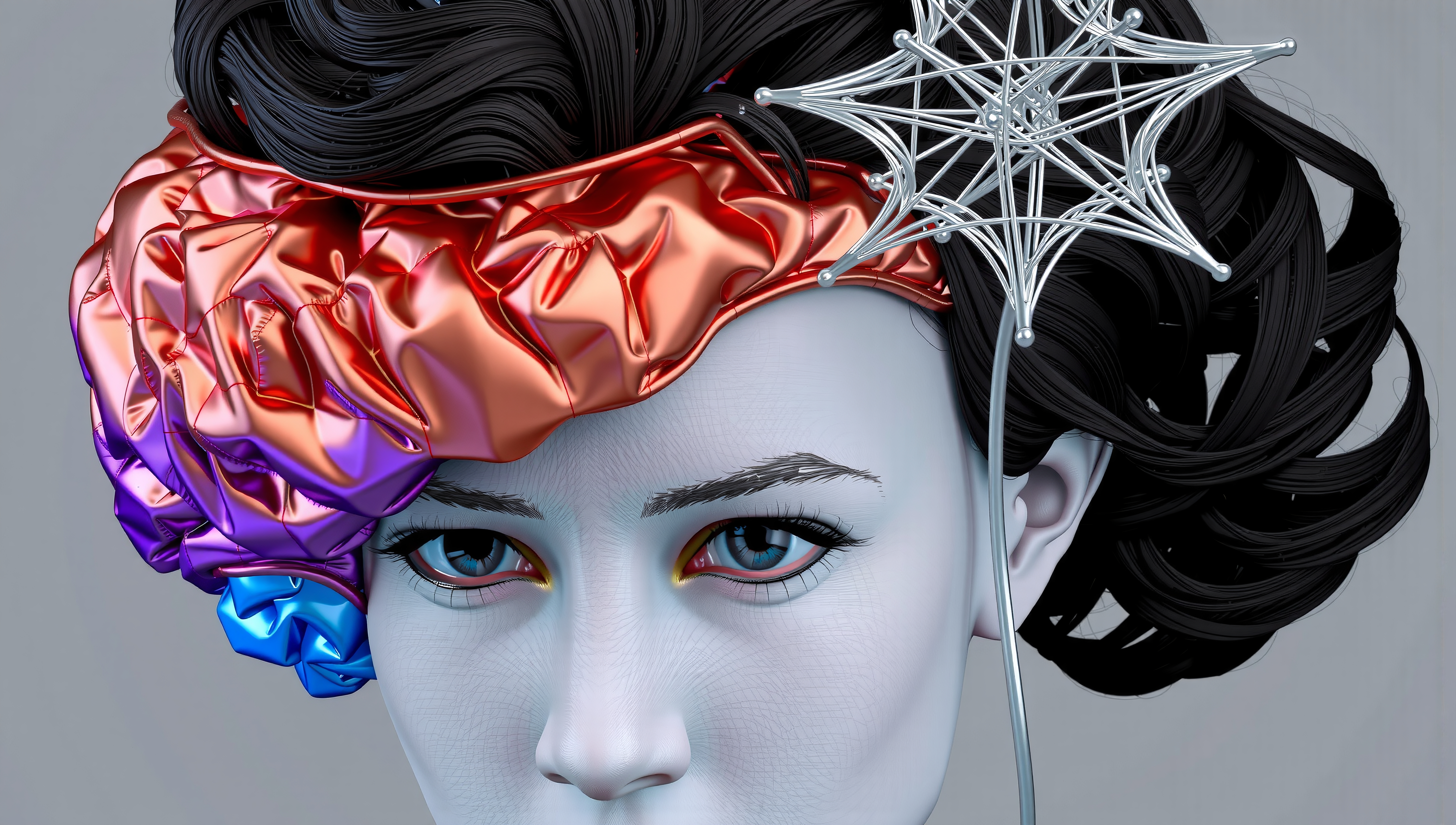Futuristic portrait with vibrant colors and intricate design elements featuring metallic accents.