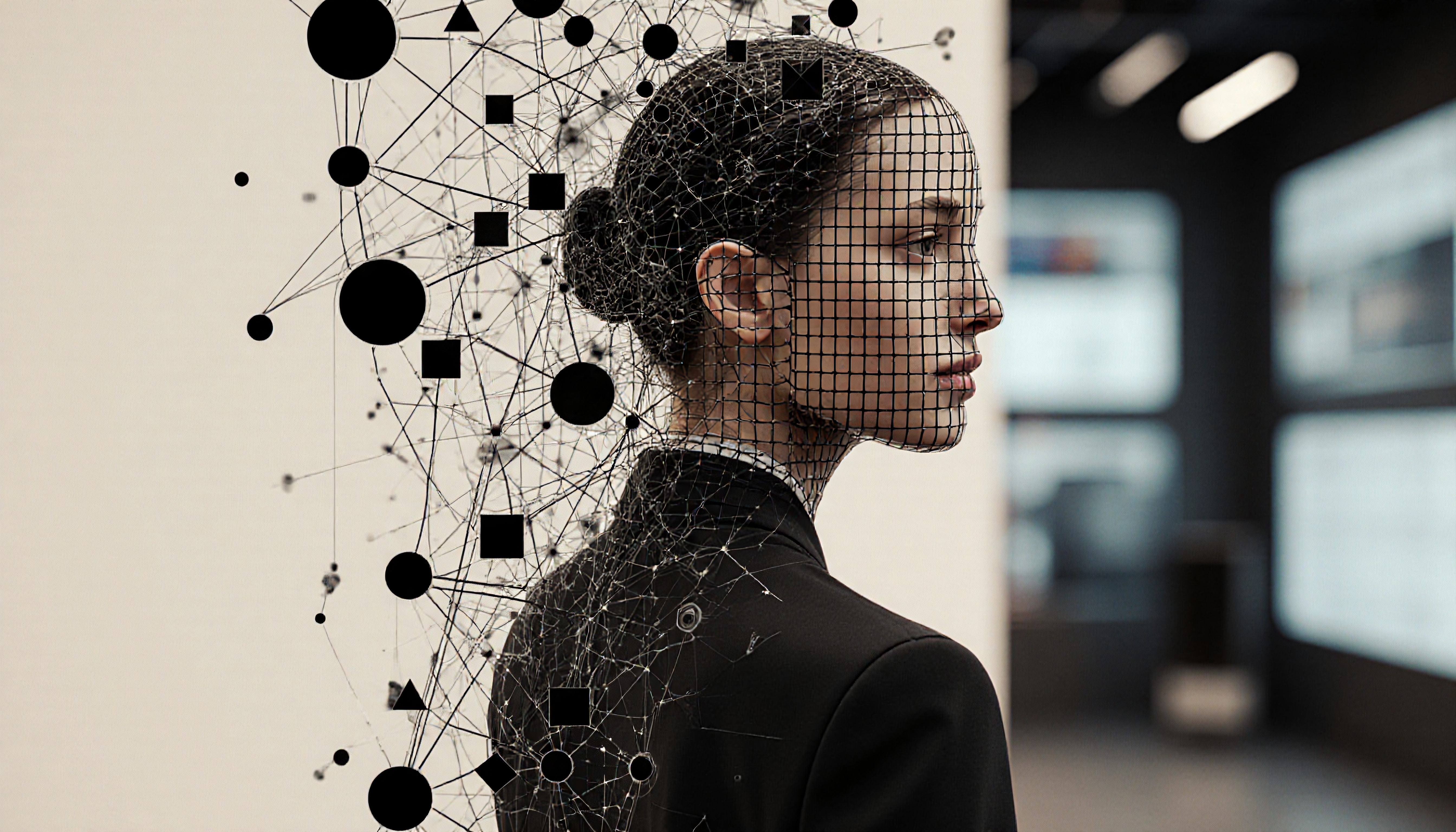 A woman with a digital mesh face, blending human and technological elements, symbolizes digital transformation and integration.