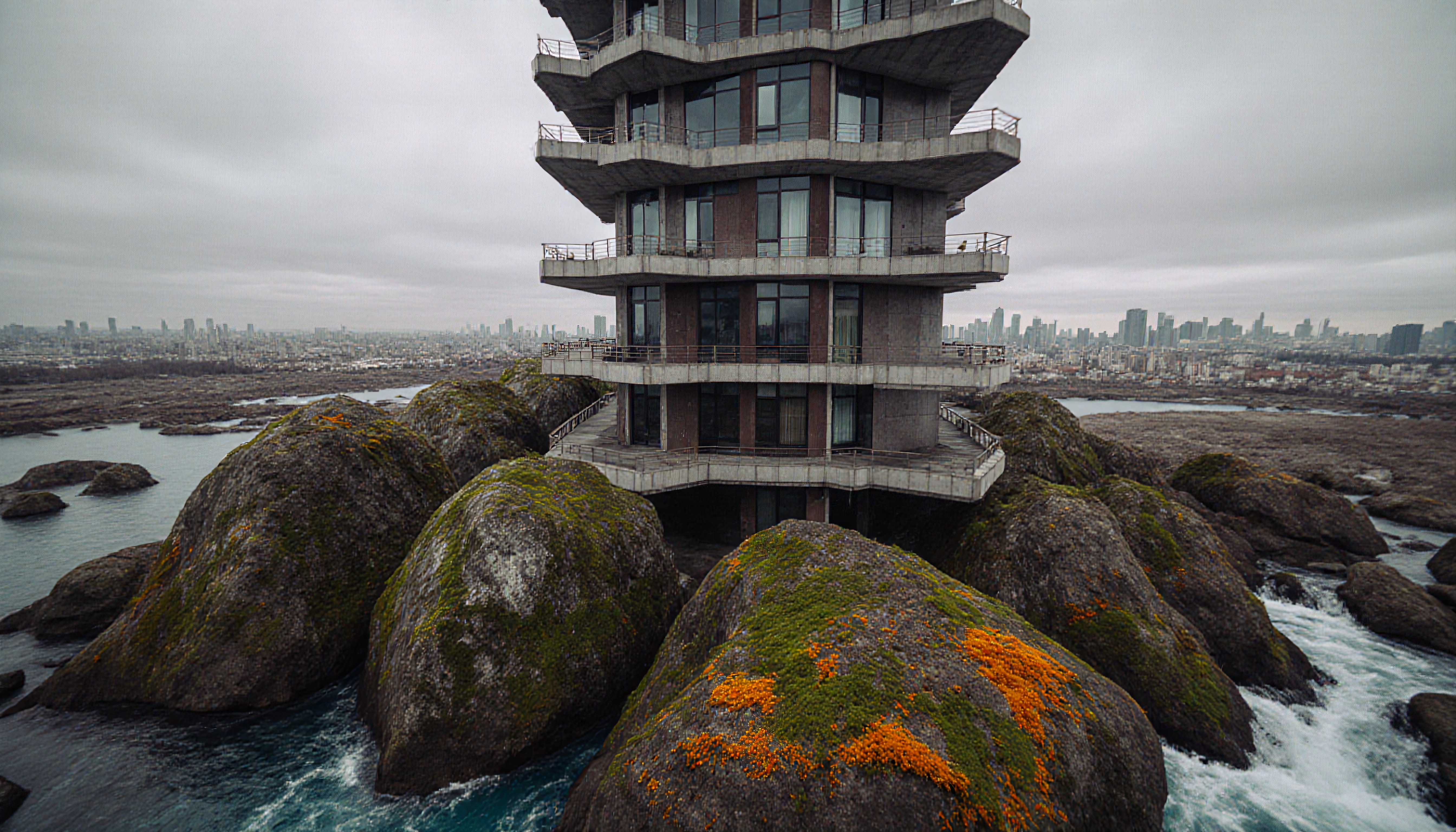 Unique multi-story building perched on large coastal rocks with a city skyline in the background.