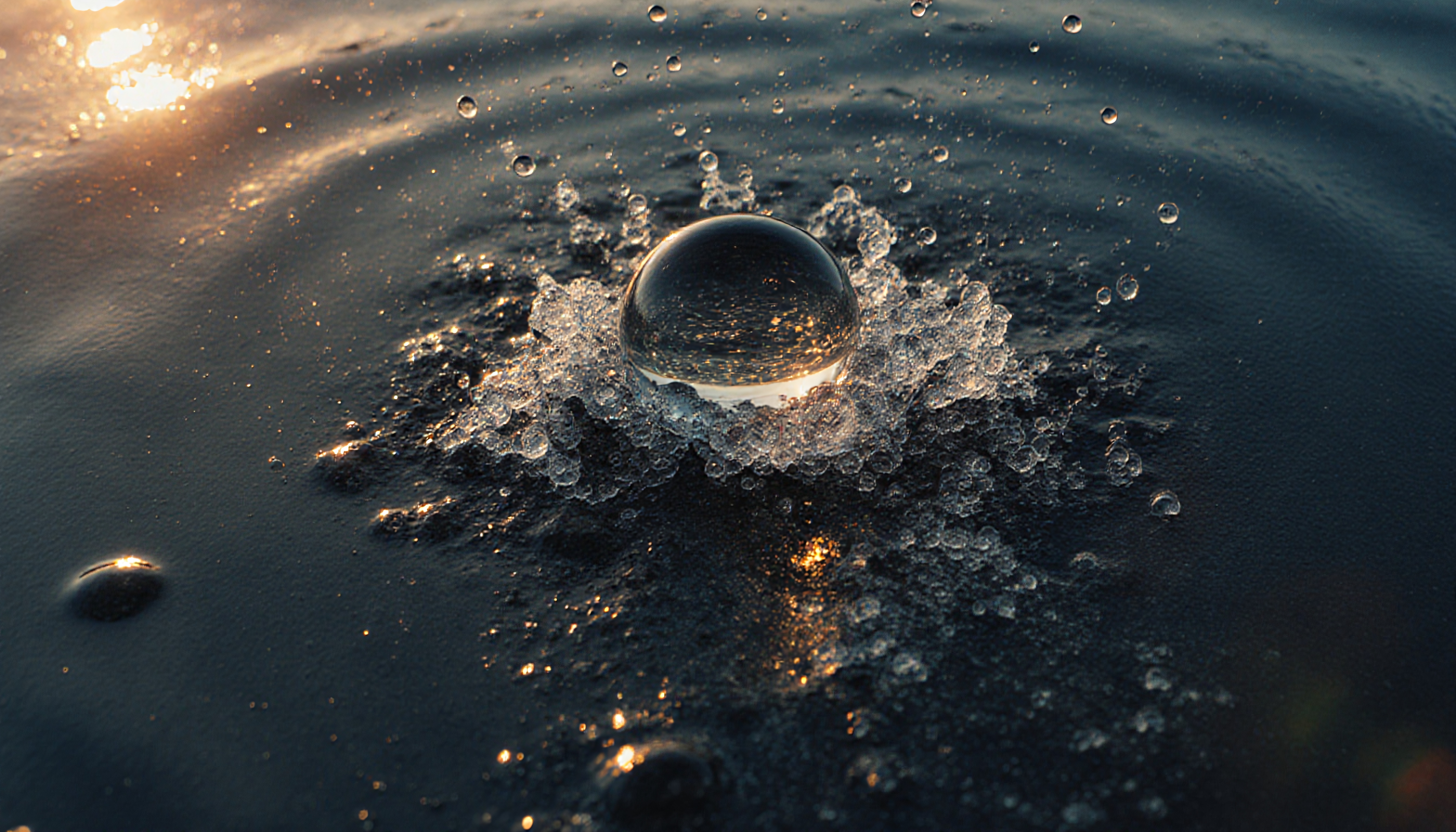 A crystal-clear droplet splashes on a dark surface, reflecting sunlight.