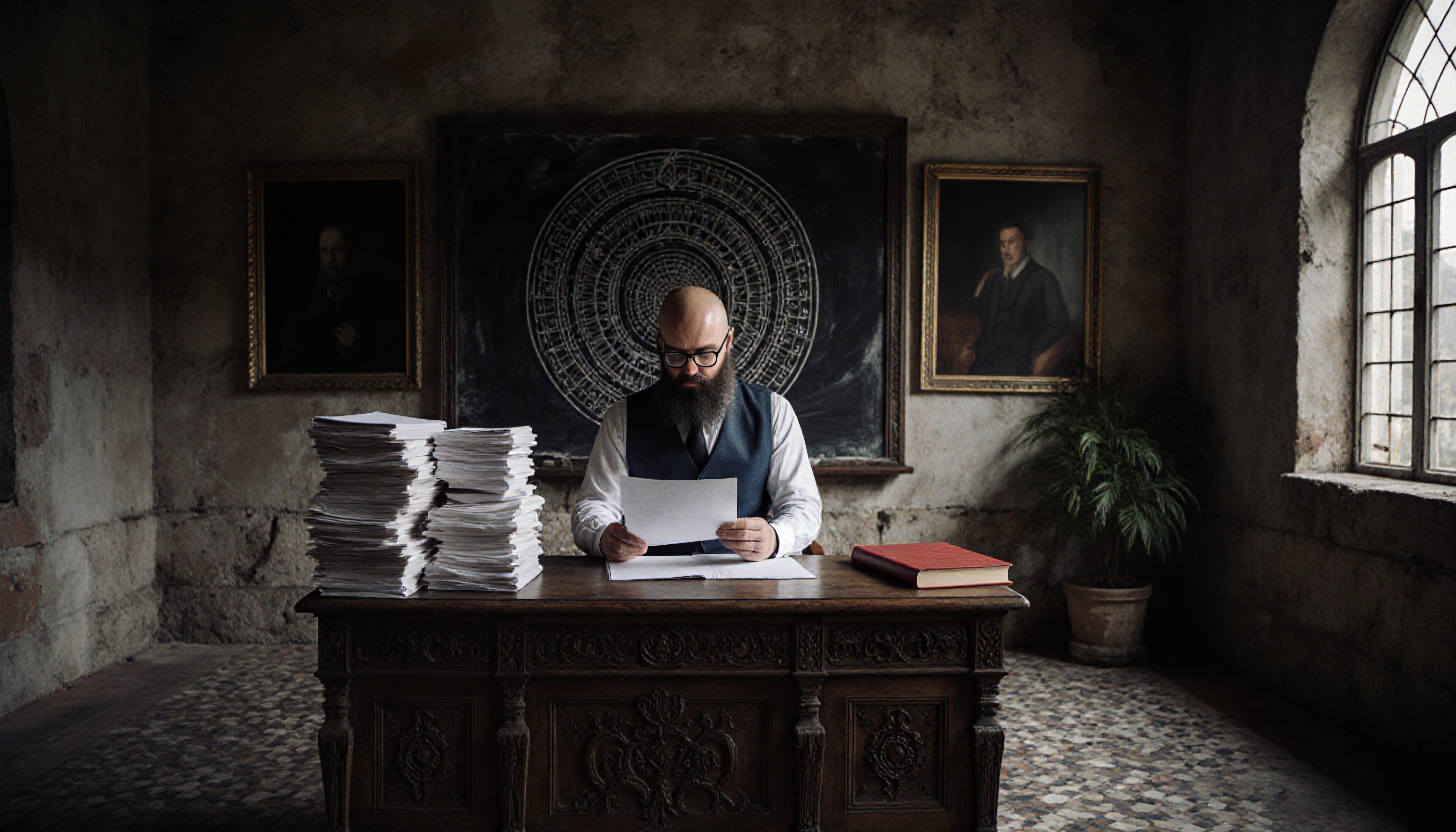 Scholar studies paper in historic academic setting, surrounded by stacks of documents and framed portraits.