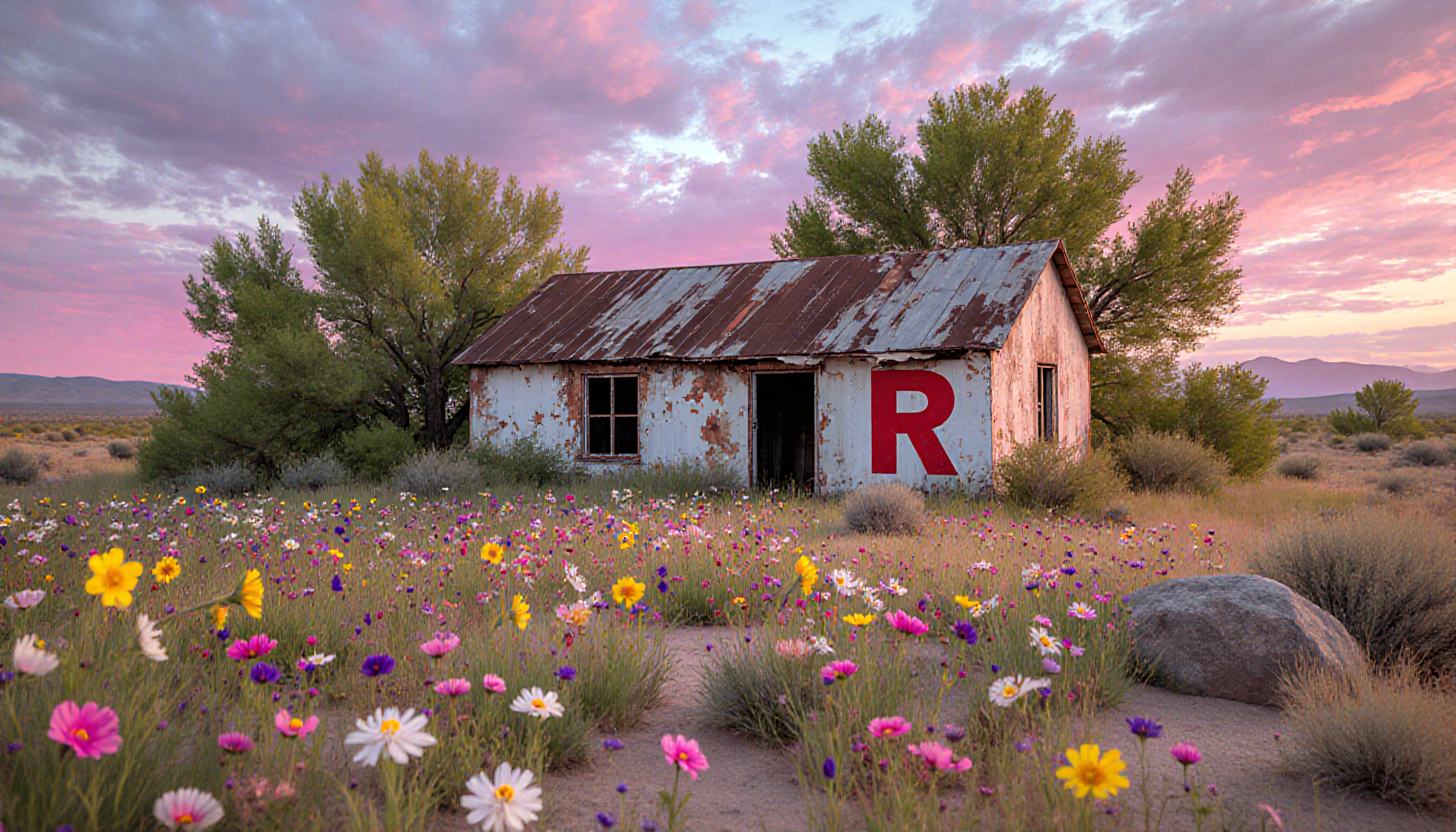 A rustic shack amidst vibrant wildflowers under a pink sunset sky.