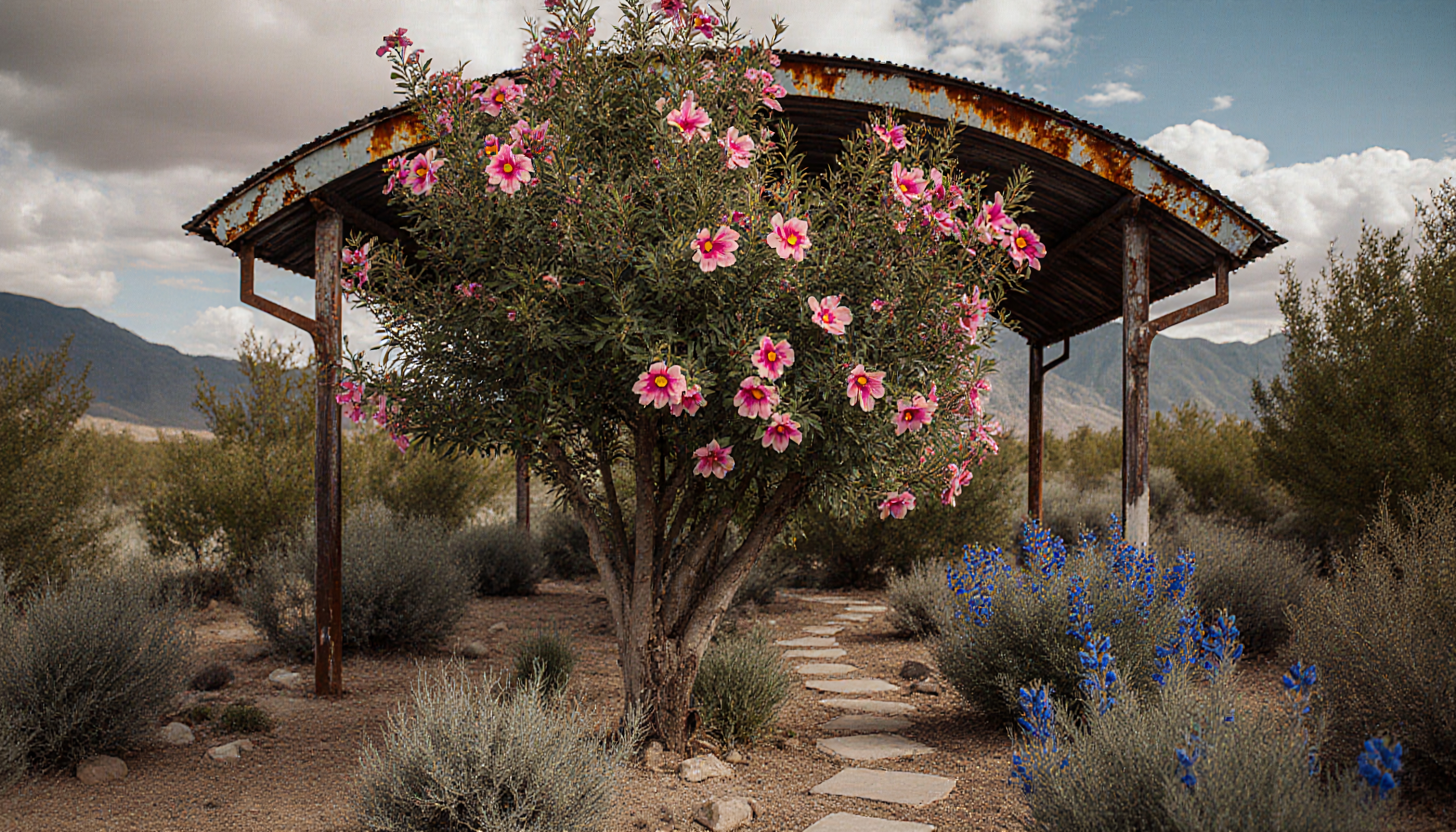 A blossoming pink tree stands under a rusted canopy surrounded by desert shrubs and vibrant flowers.