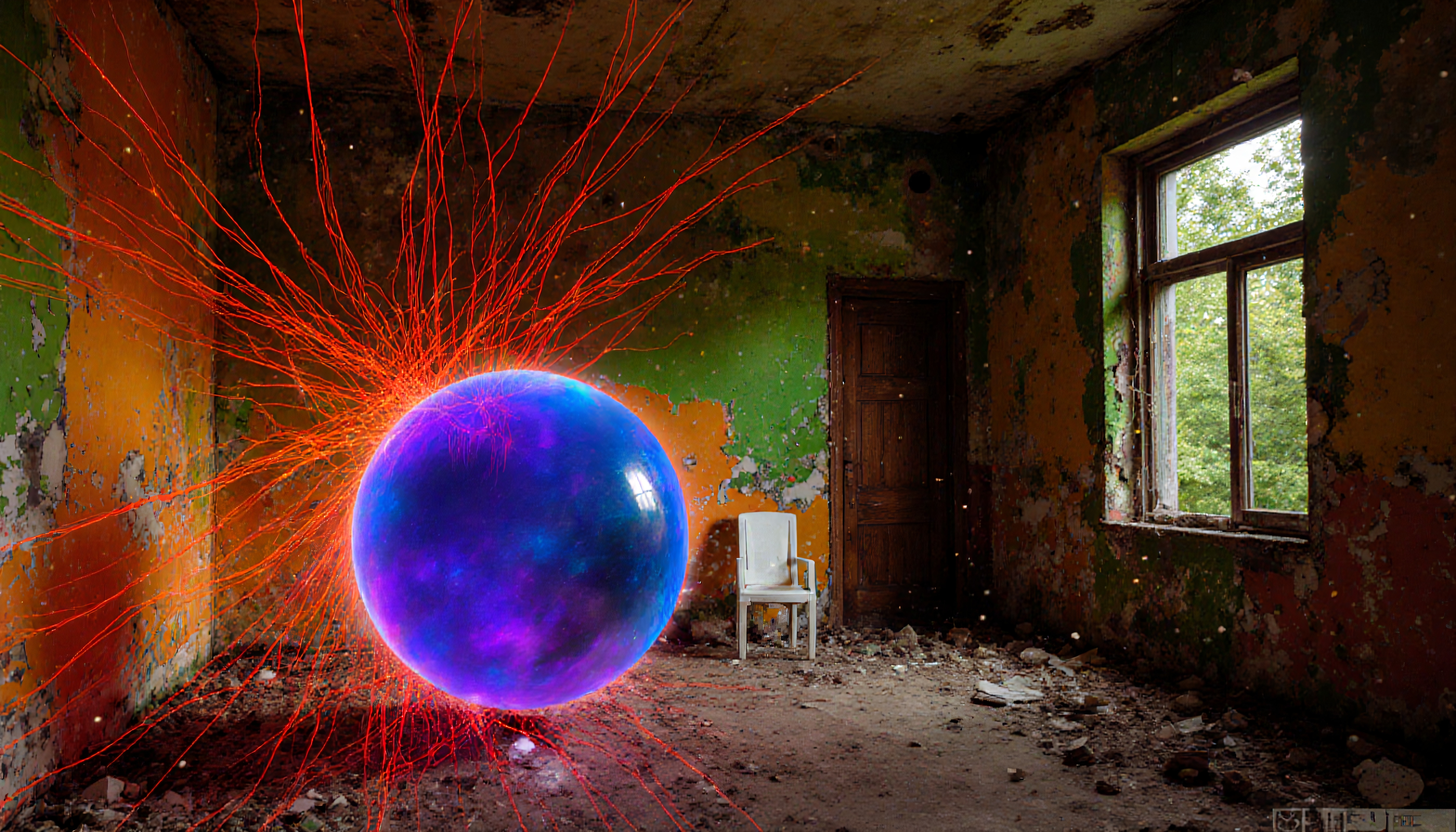 A vibrant glowing orb illuminates a decaying abandoned room with peeling multicolored walls and scattered debris.