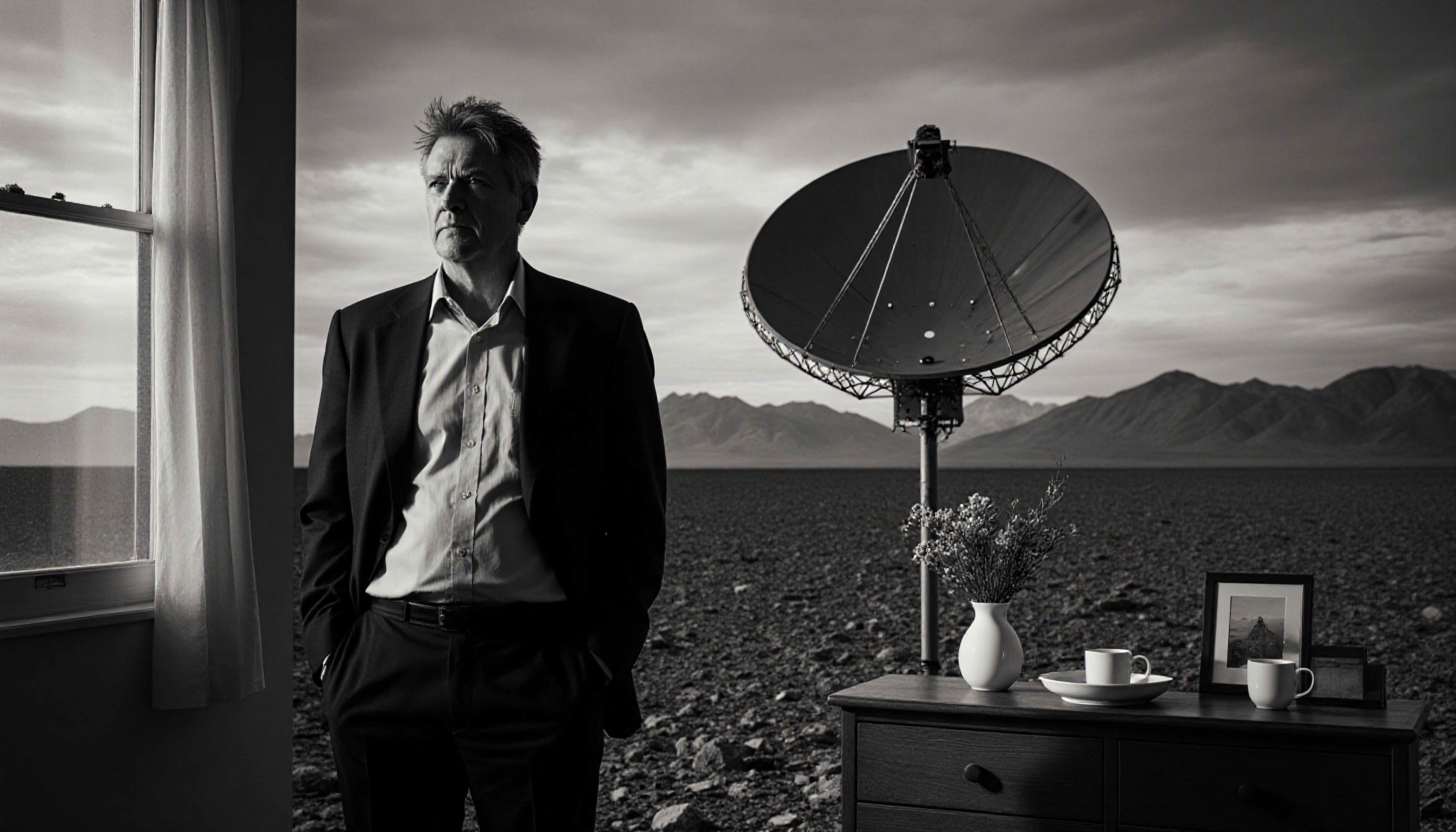 A man stands inside, gazing at a satellite dish against a mountainous landscape.
