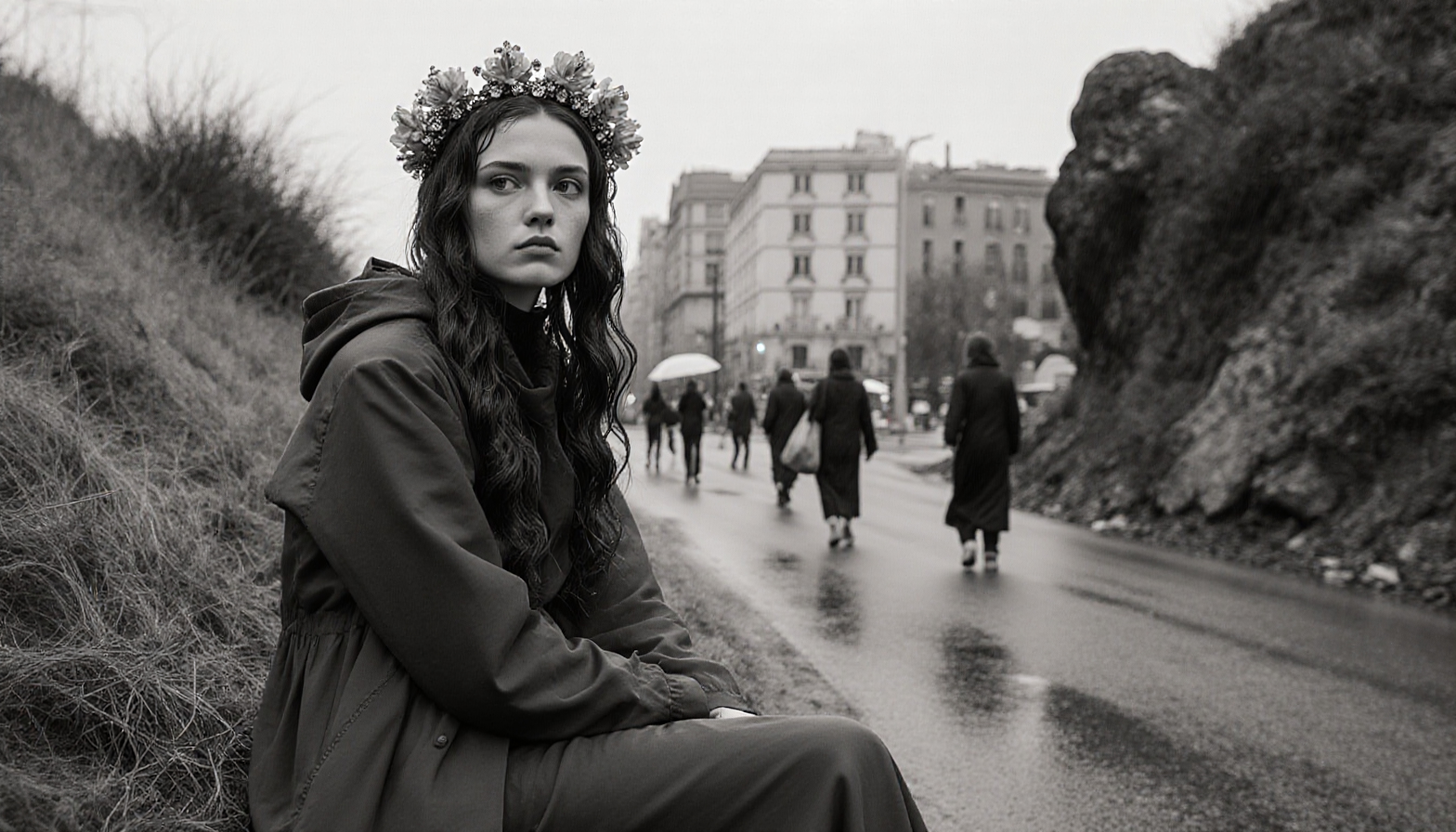 A young woman with a floral wreath sits pensively by a rainy urban street.