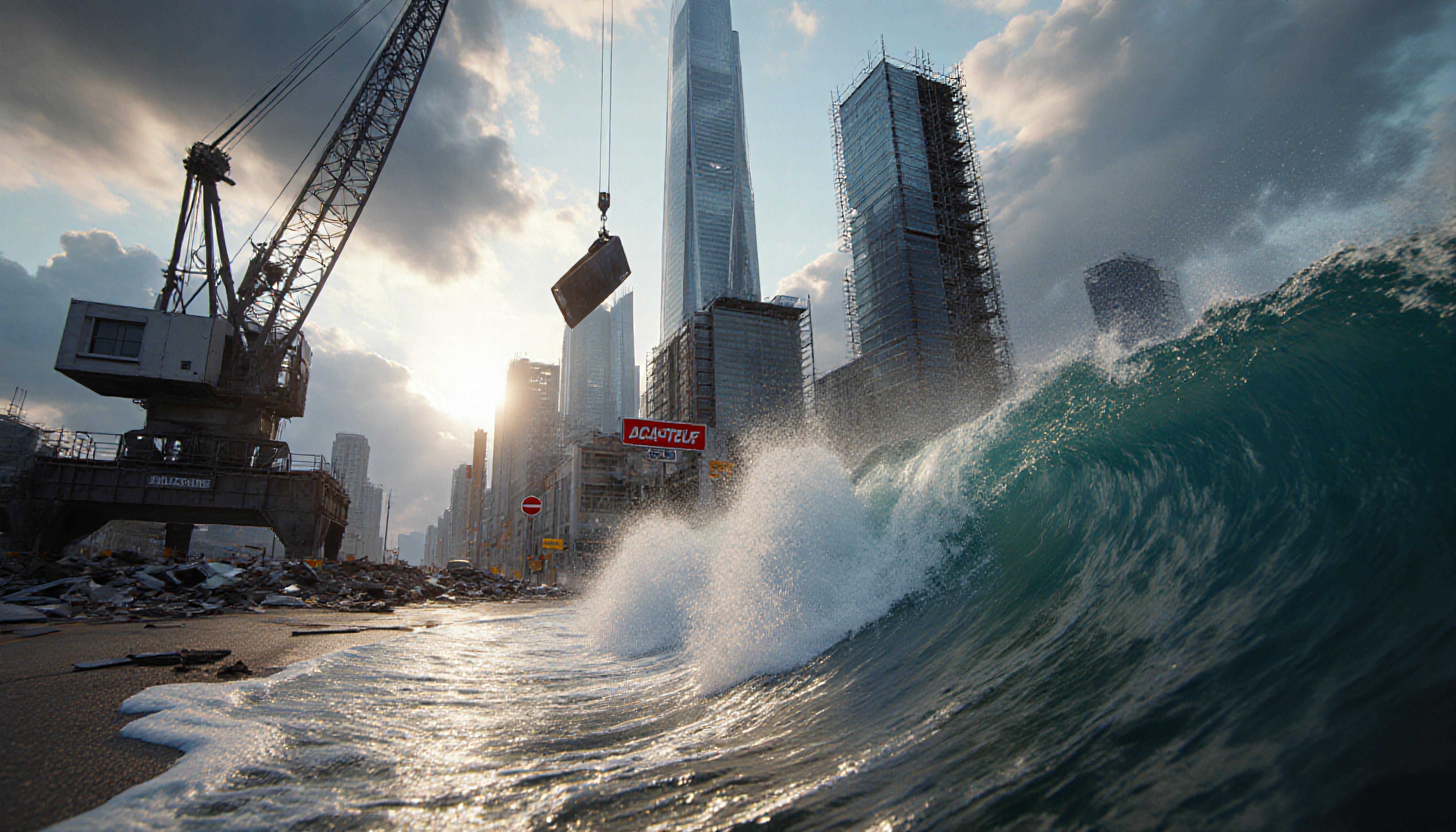 A dramatic scene of a massive wave crashing into a partially flooded urban street with a construction crane and skyscrapers under a golden sunset.