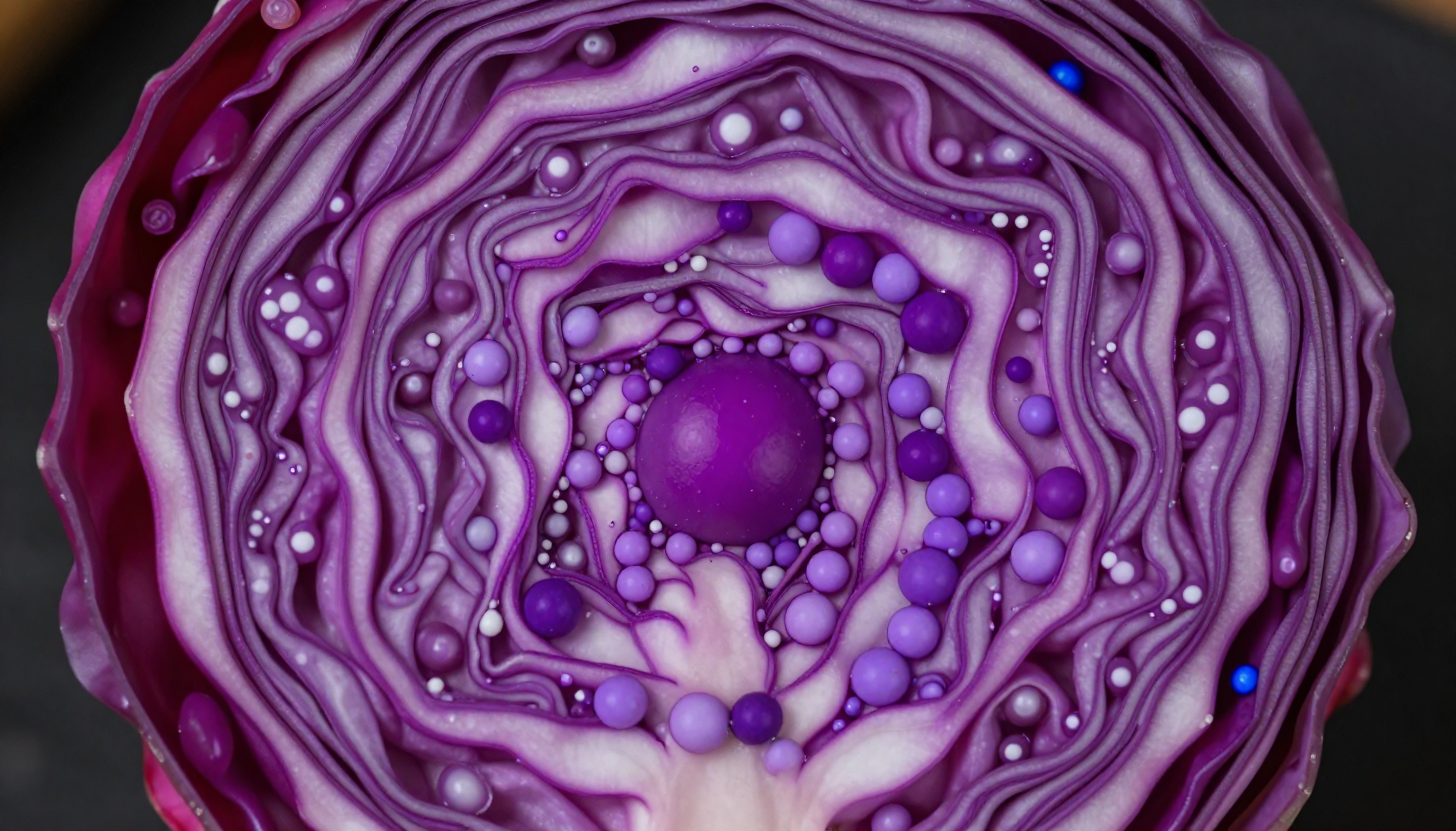 Close-up shot of a purple cabbage showcasing intricate layers, vibrant colors, and detailed textures.