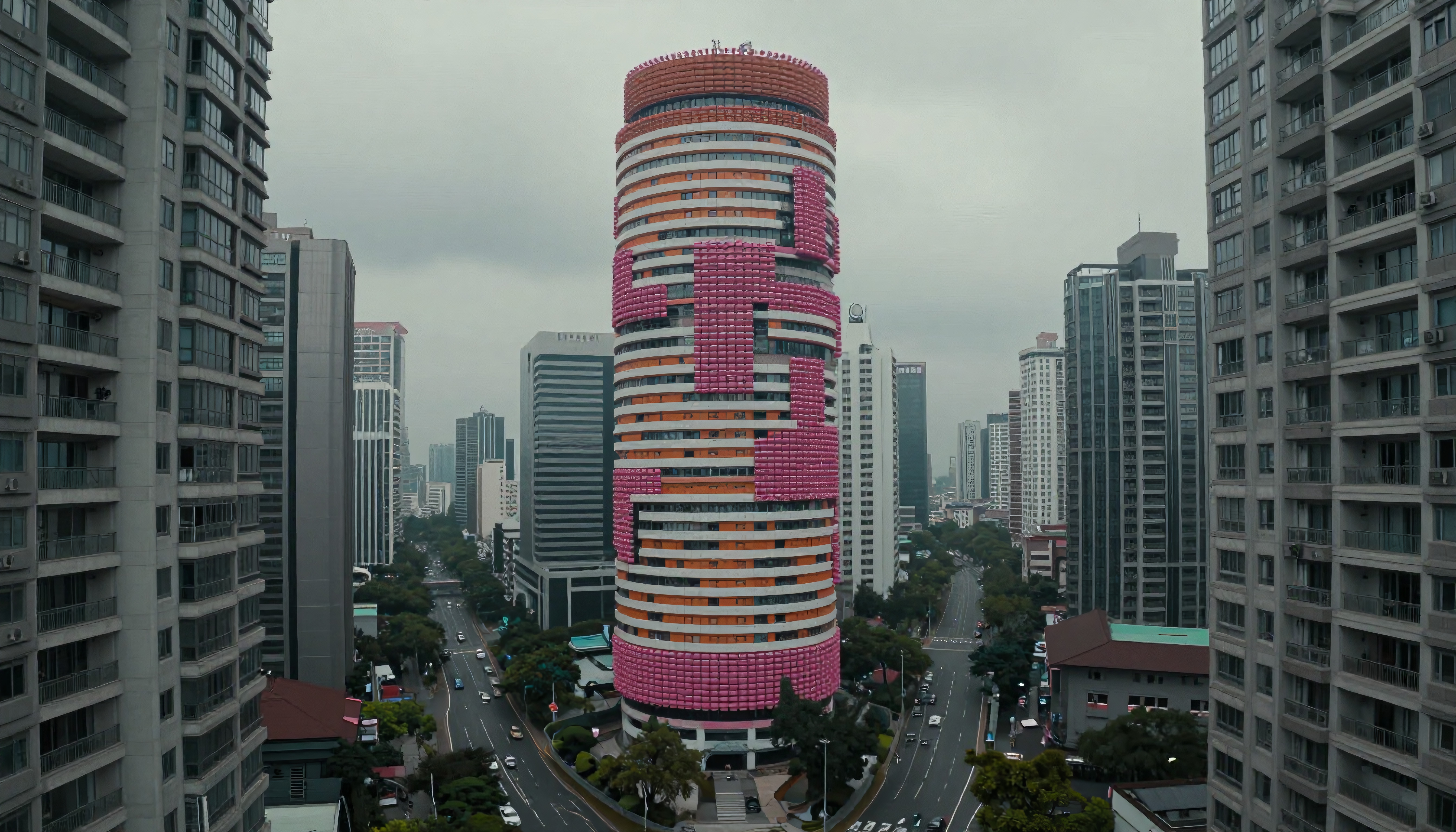 Cylindrical skyscraper with colorful stripes in cityscape.