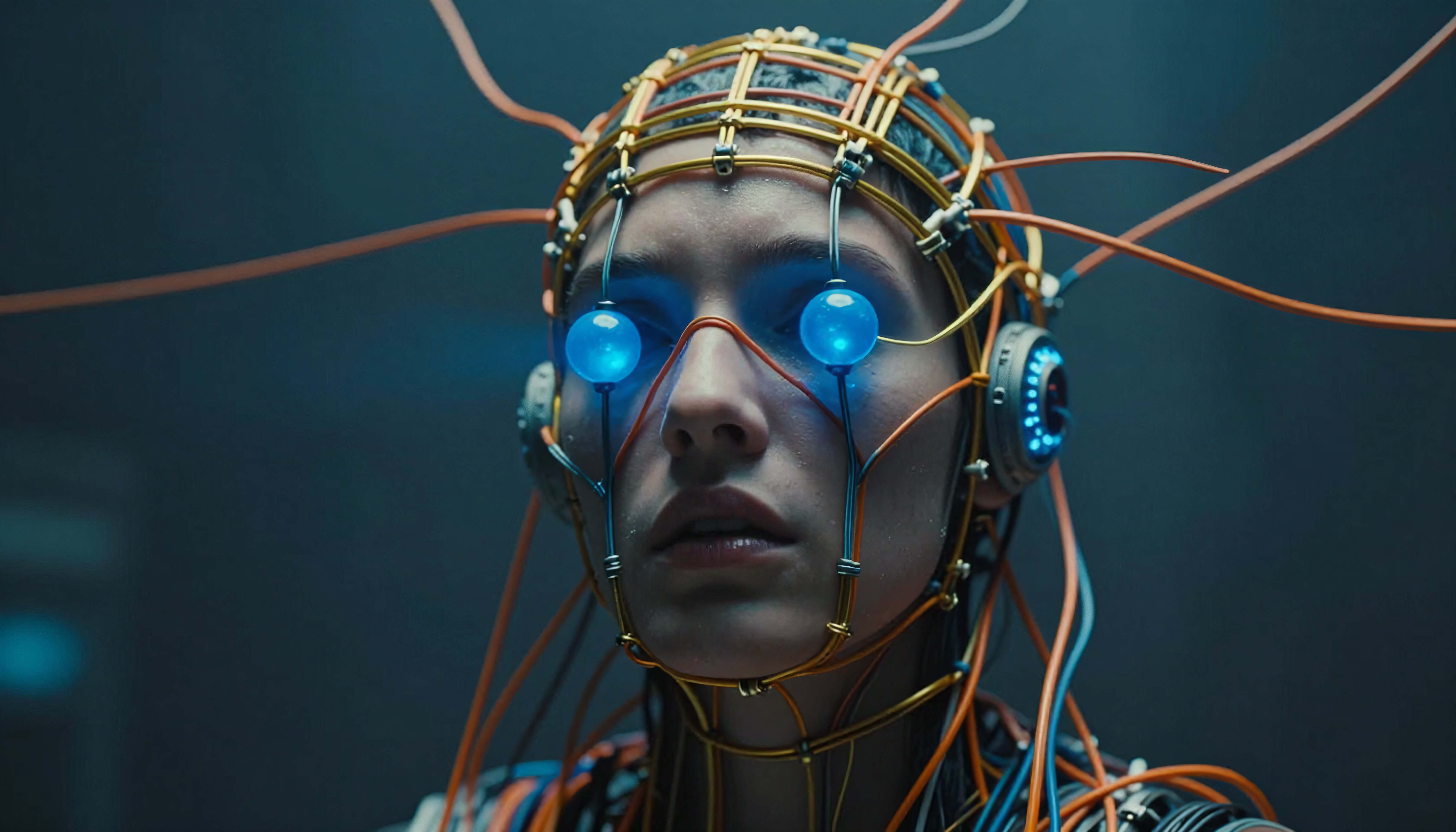 Futuristic person with glowing neural device headgear connected by wires.