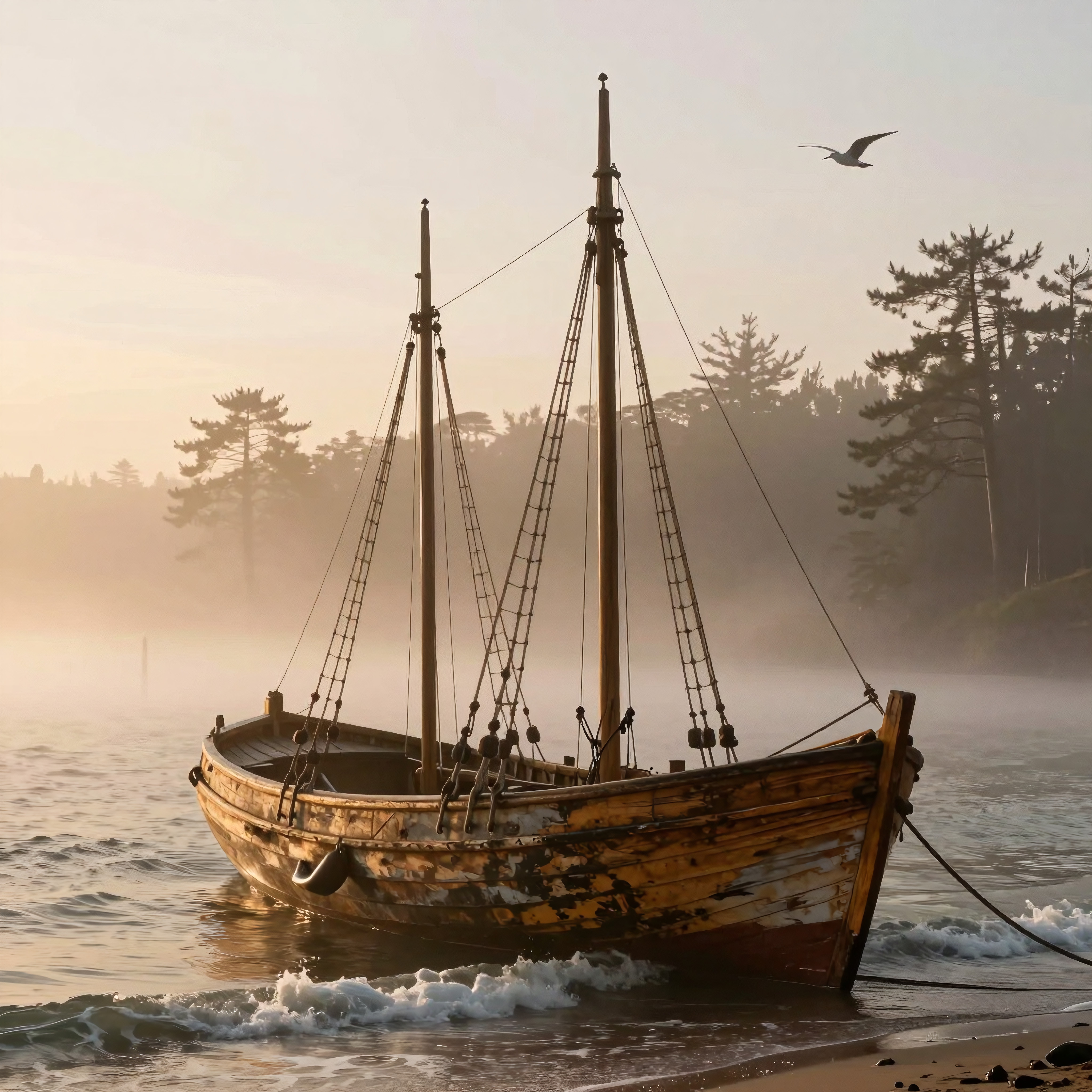 A wooden sailboat on a misty shore at sunrise, with a seagull and calm waves.
