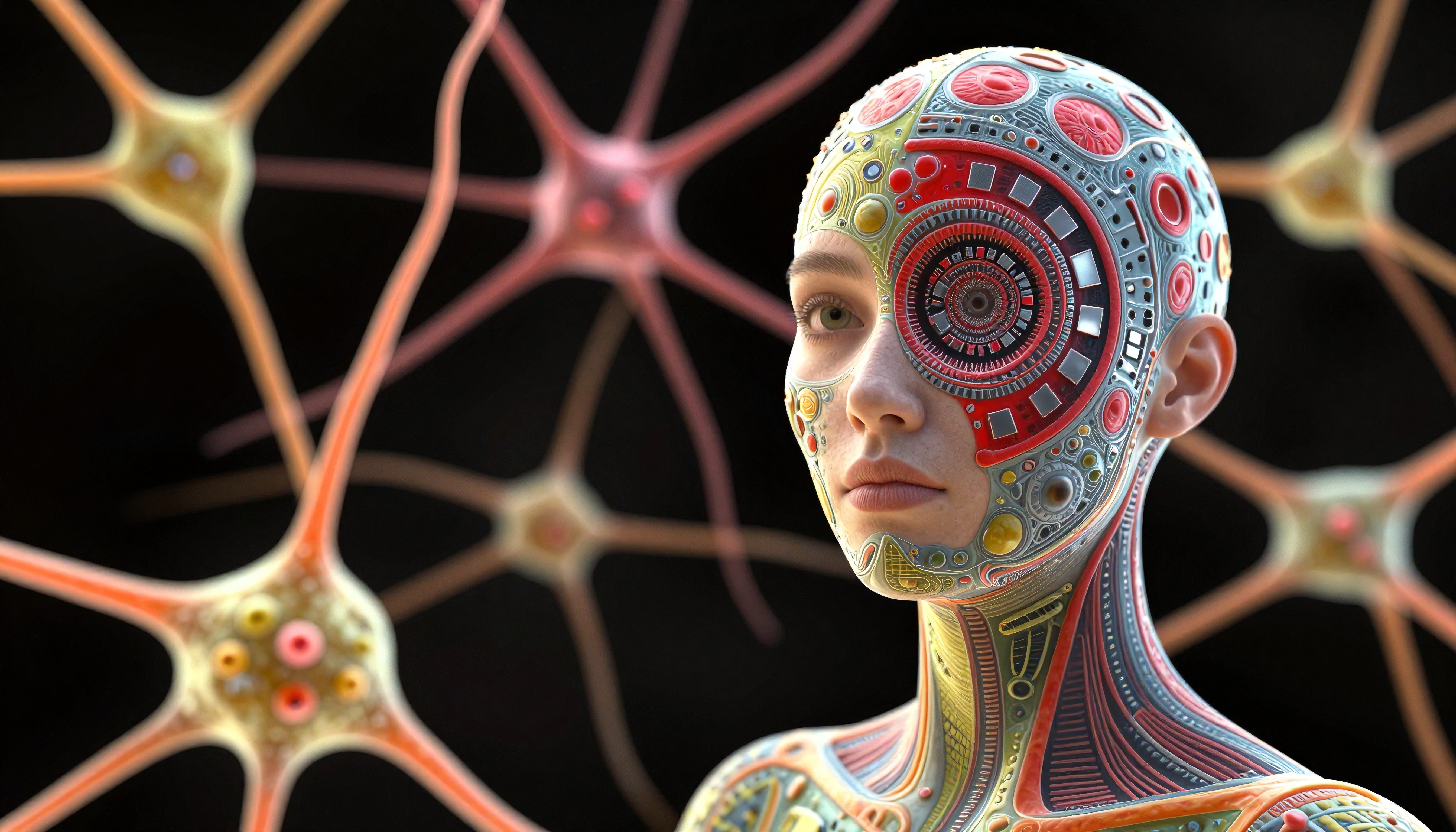 A futuristic cyborg head with intricate mechanical designs and neuron-like structures in a dark setting.