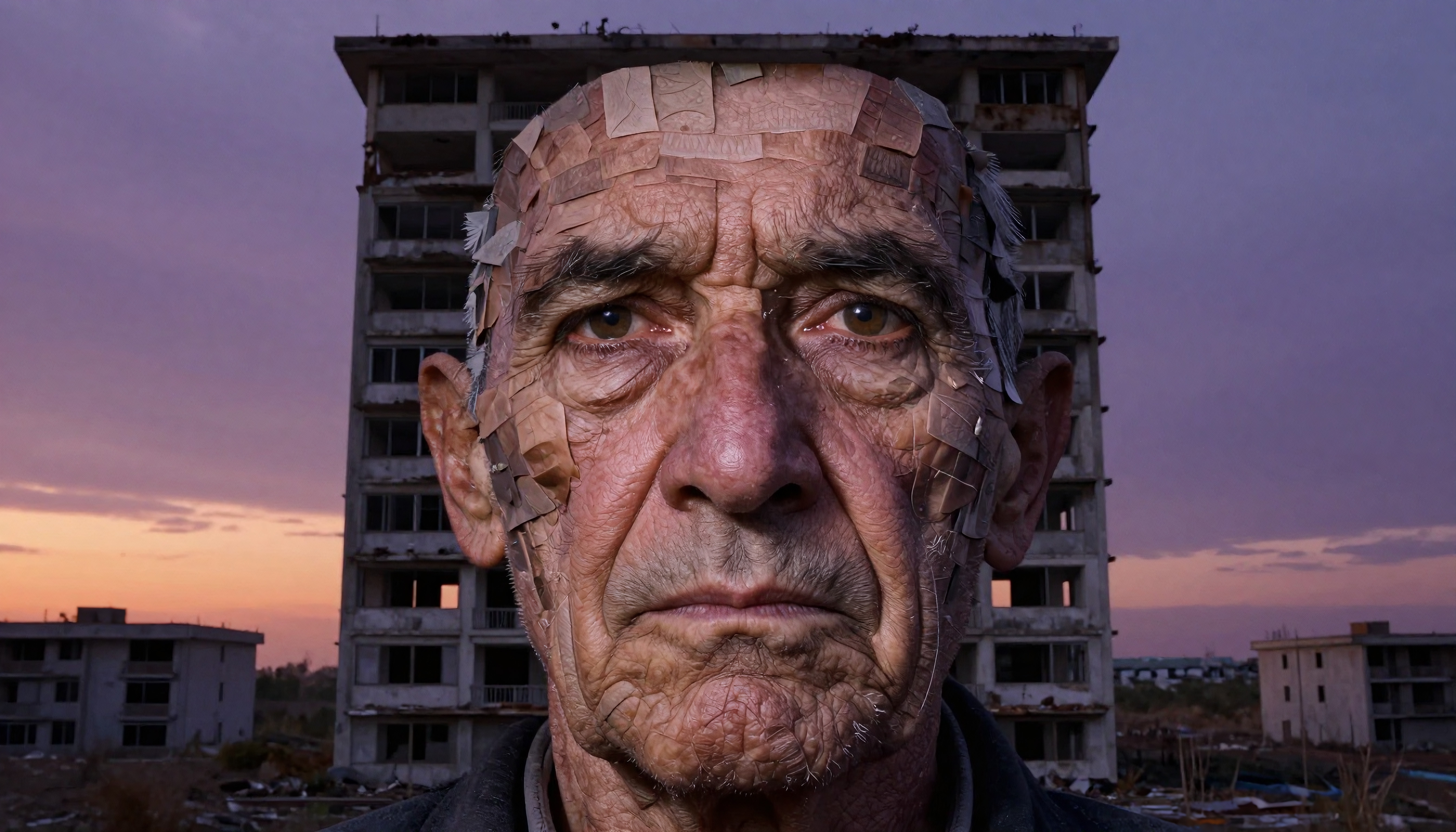 Portrait of an elderly man with bandages against a decrepit building at dusk, reflecting resilience amidst decay.
