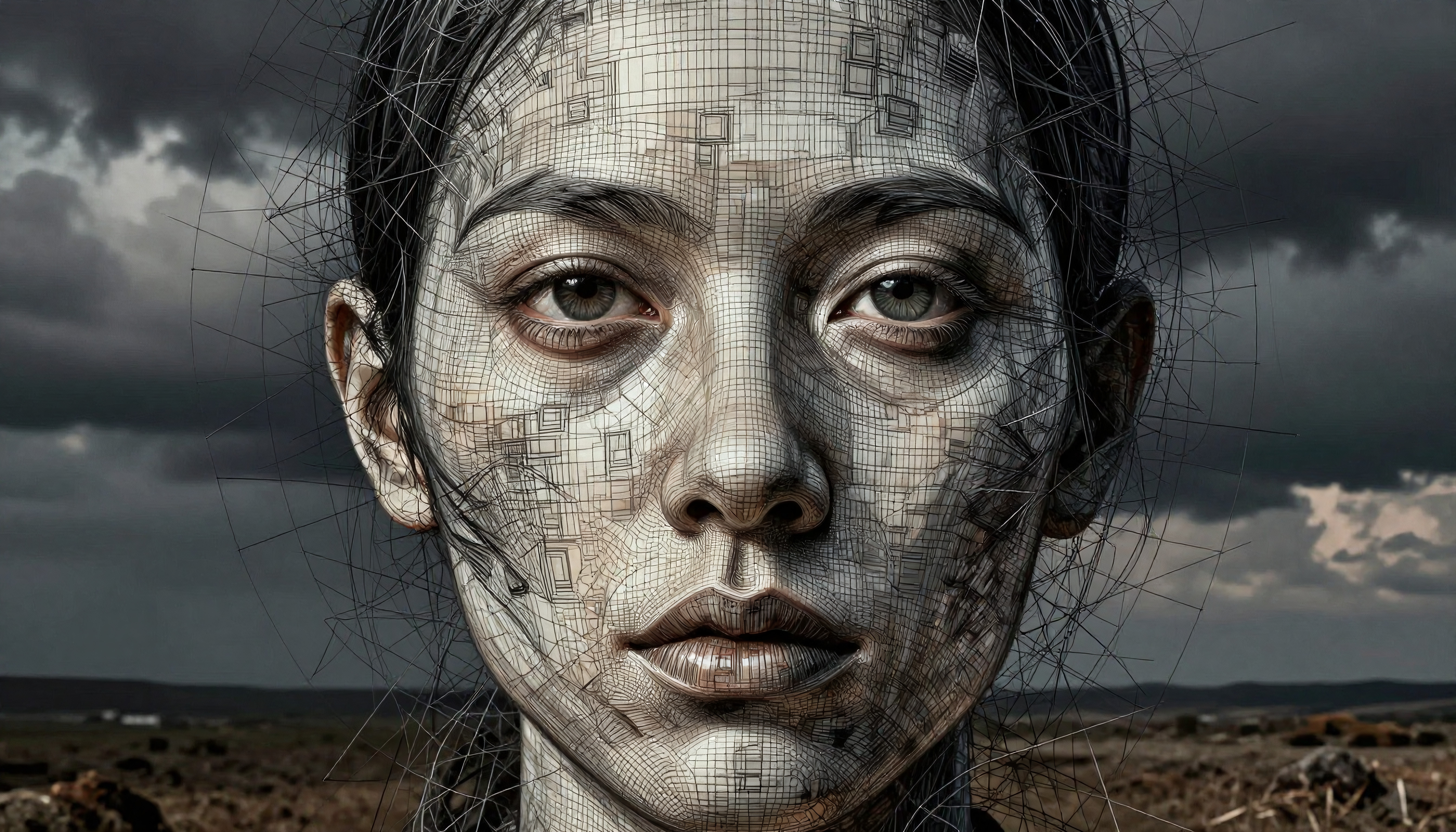 Surreal portrait of woman with geometric patterns in digital art style.
