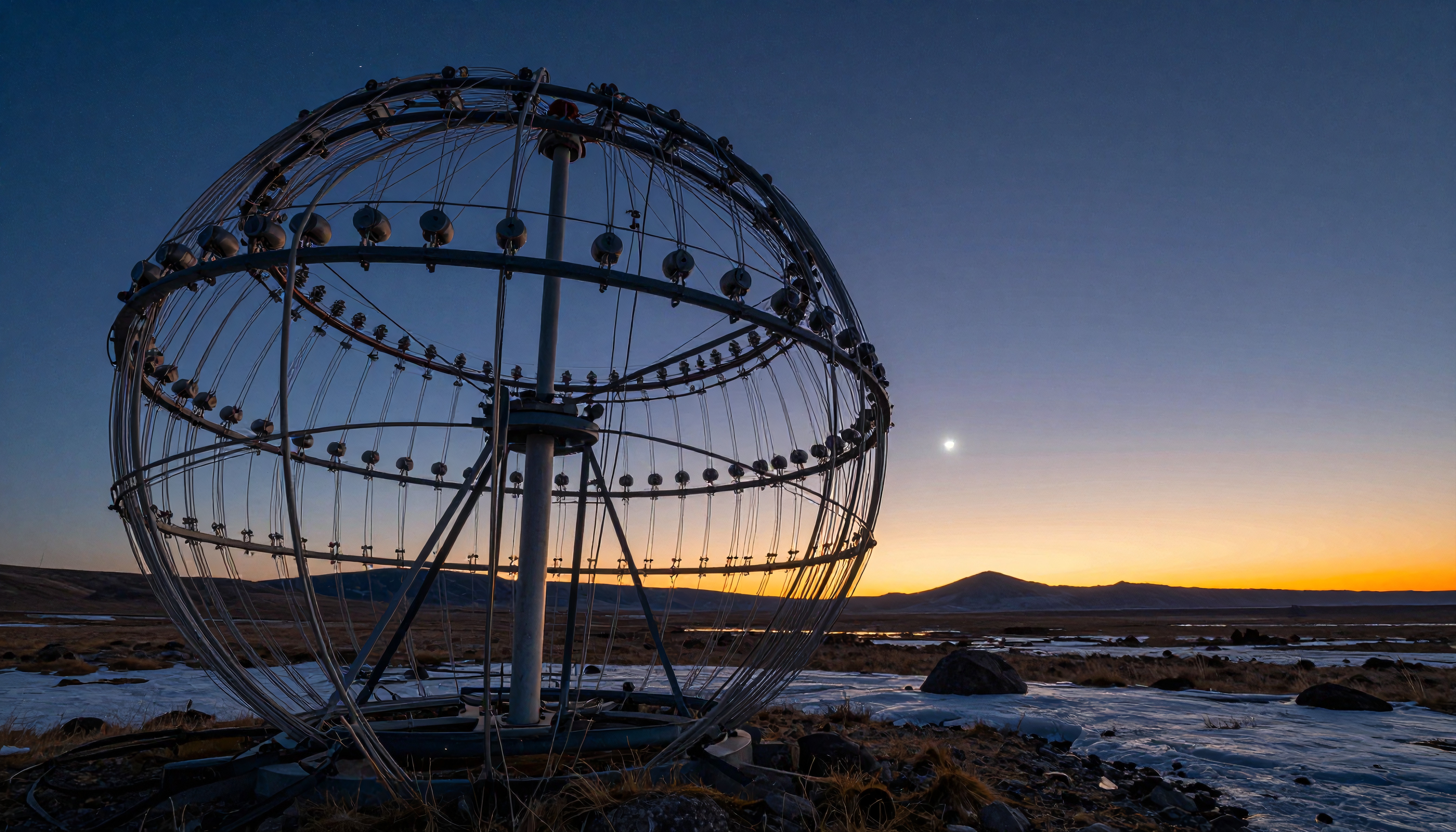 Large metal sphere against twilight sky with celestial body and snowy landscape.