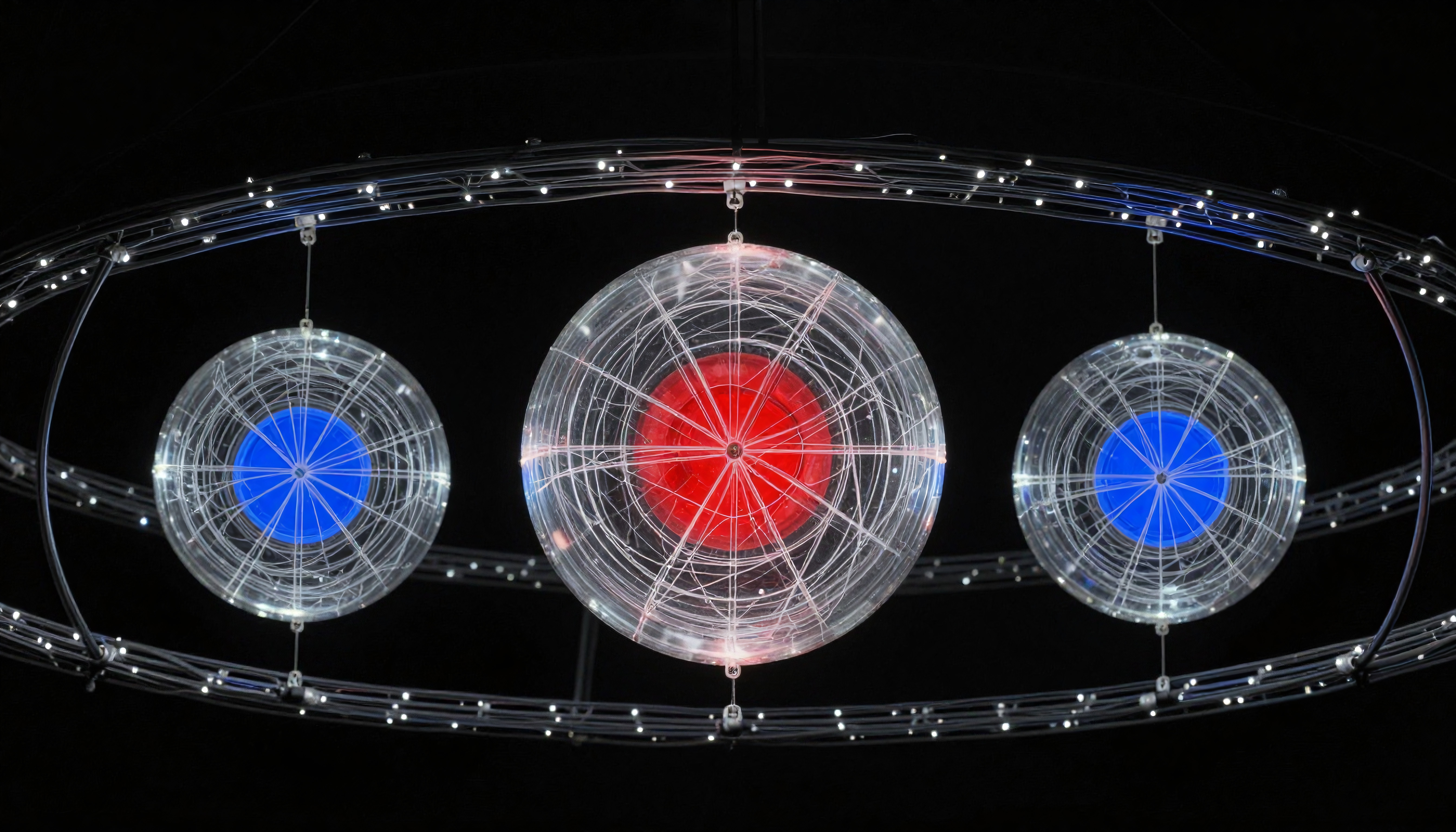 Abstract illuminated spheres against dark backdrop.