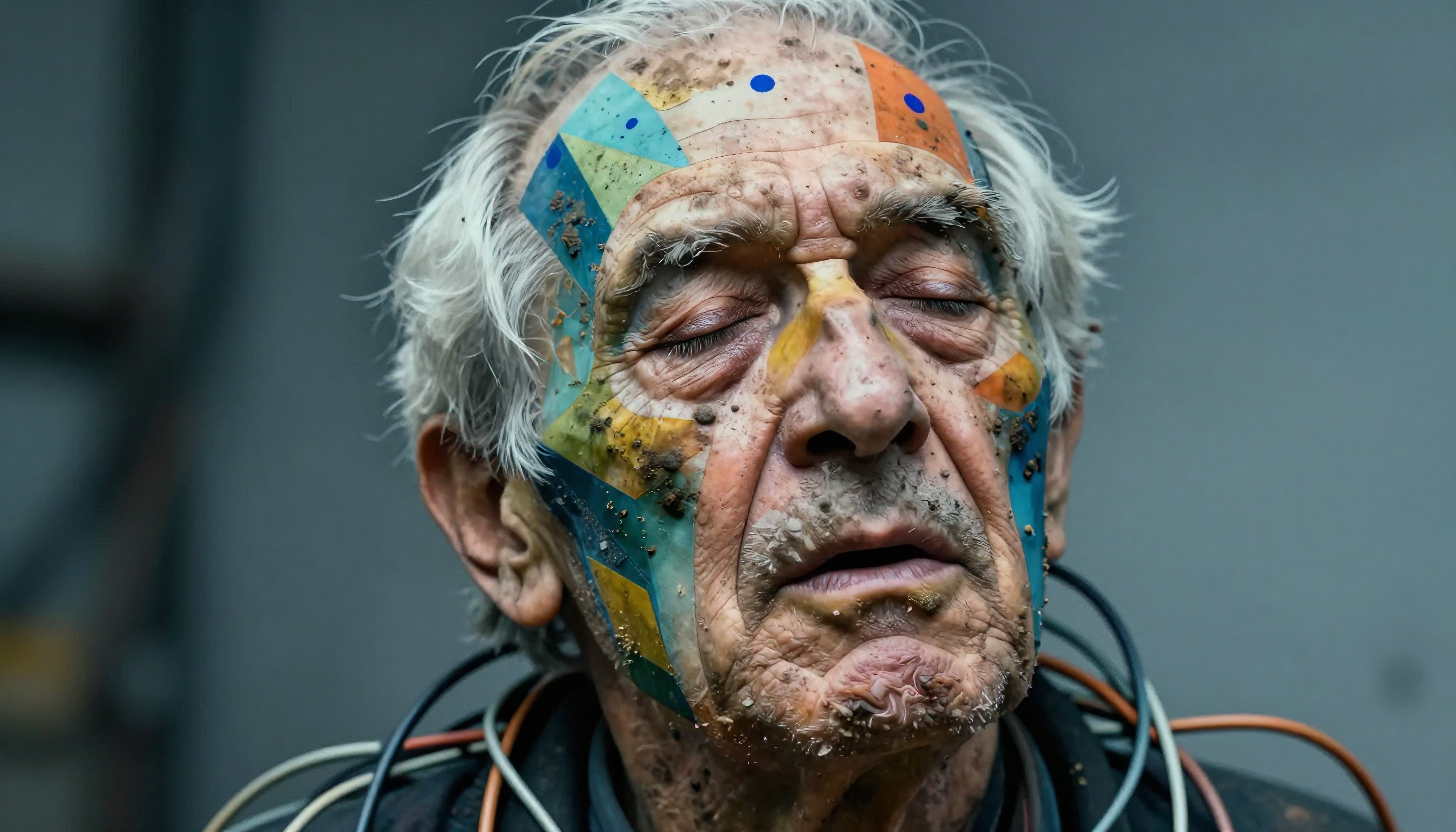 Elderly man with colorful geometric face paint, surrounded by cords.