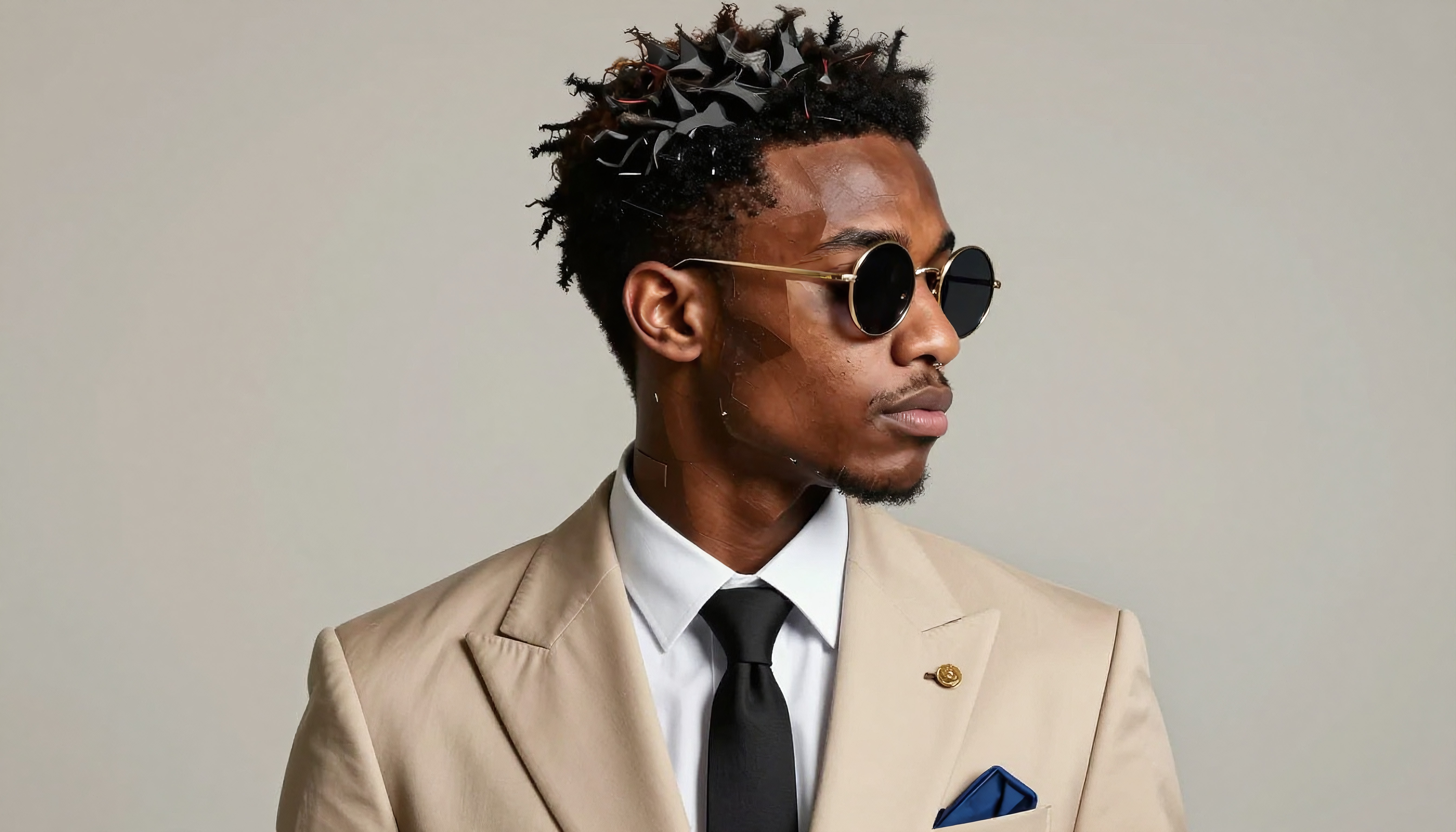 A man in a beige suit and sunglasses, posing confidently.