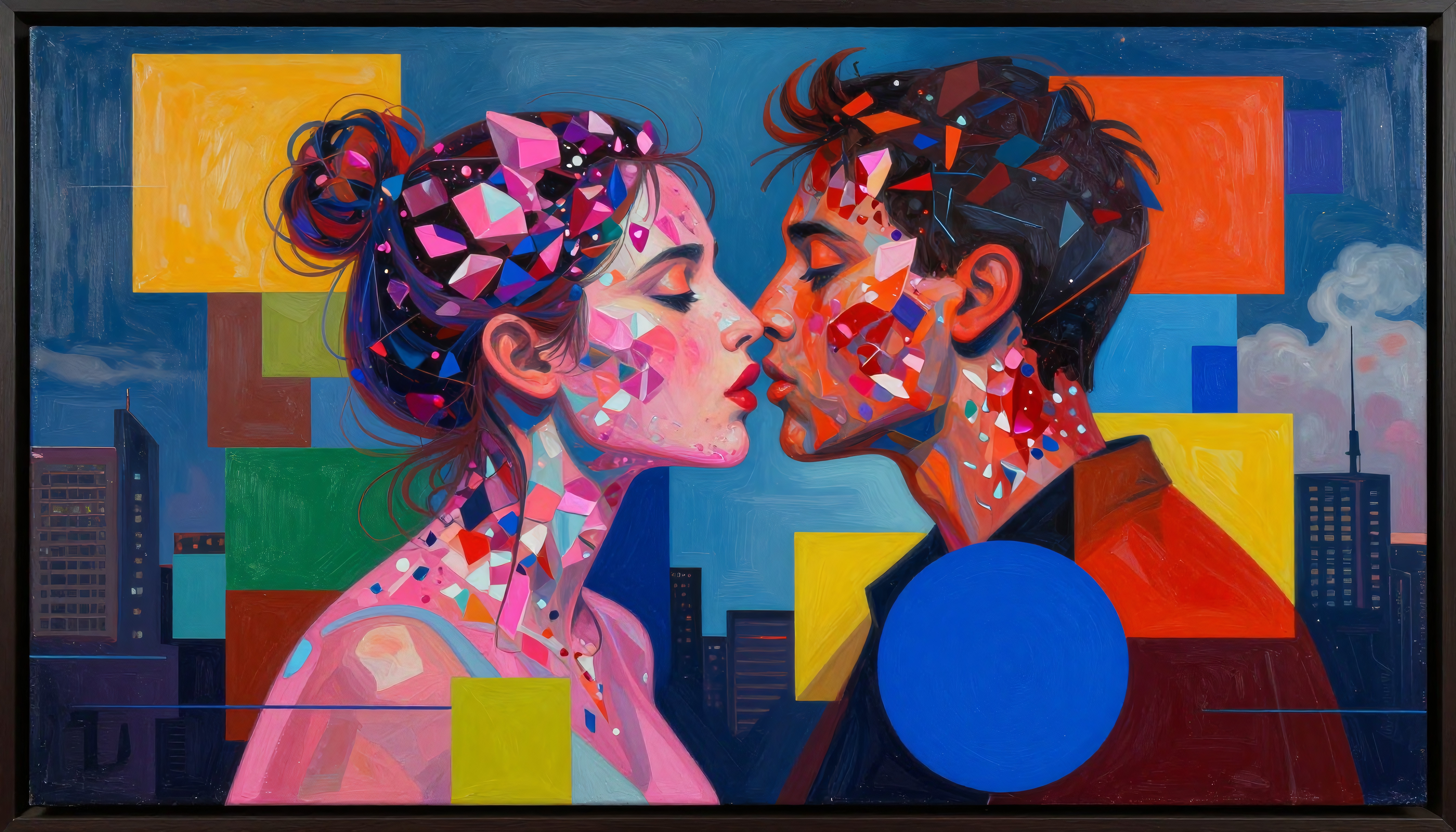 A vibrant abstract painting of a couple kissing, featuring colorful geometric patterns and a cityscape background.