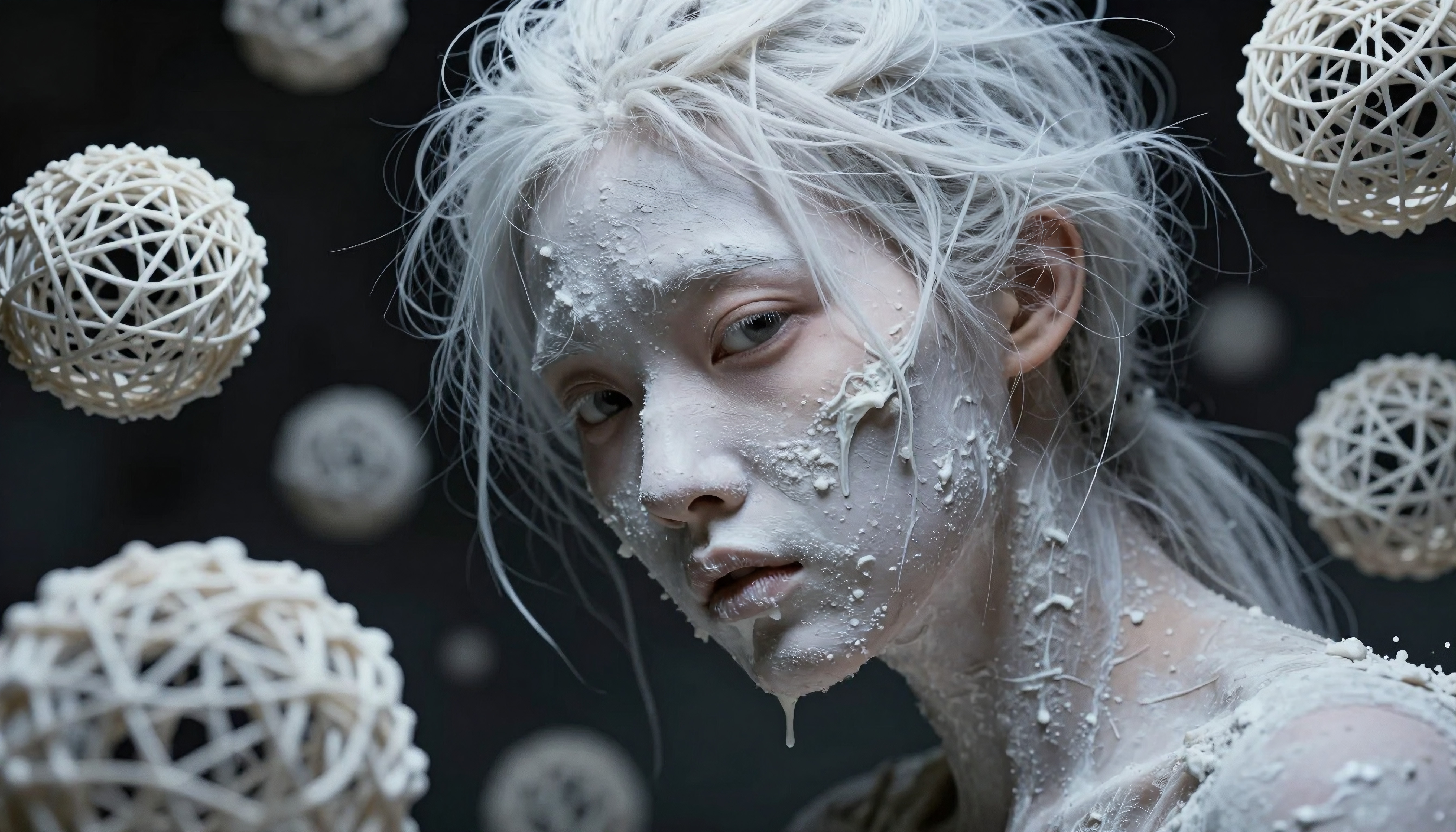 Ethereal portrait of a person with textured white face and hair, surrounded by intricate spheres against a dark background.