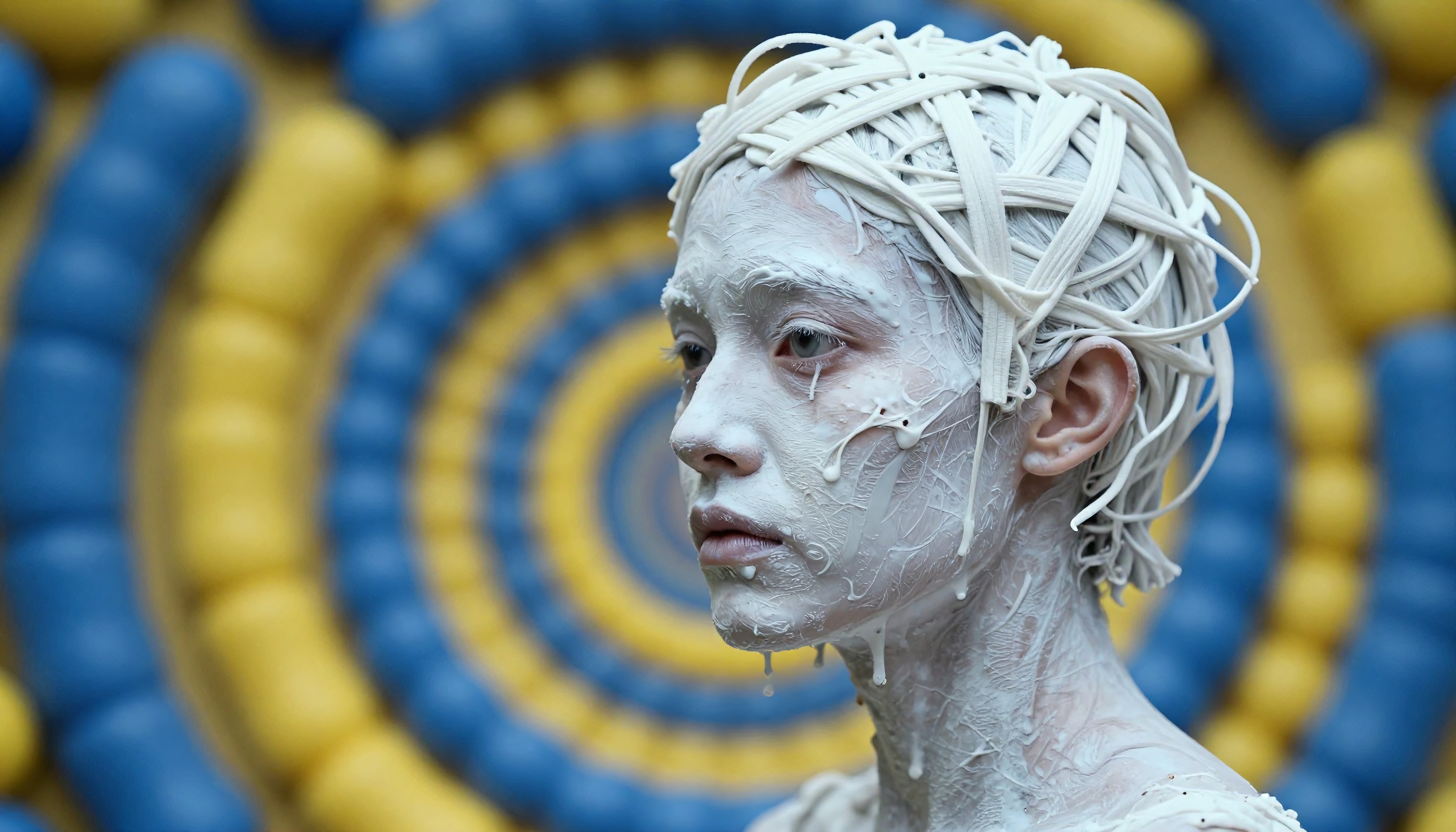 A person with white face paint and noodle hair against a circular blue and yellow background.