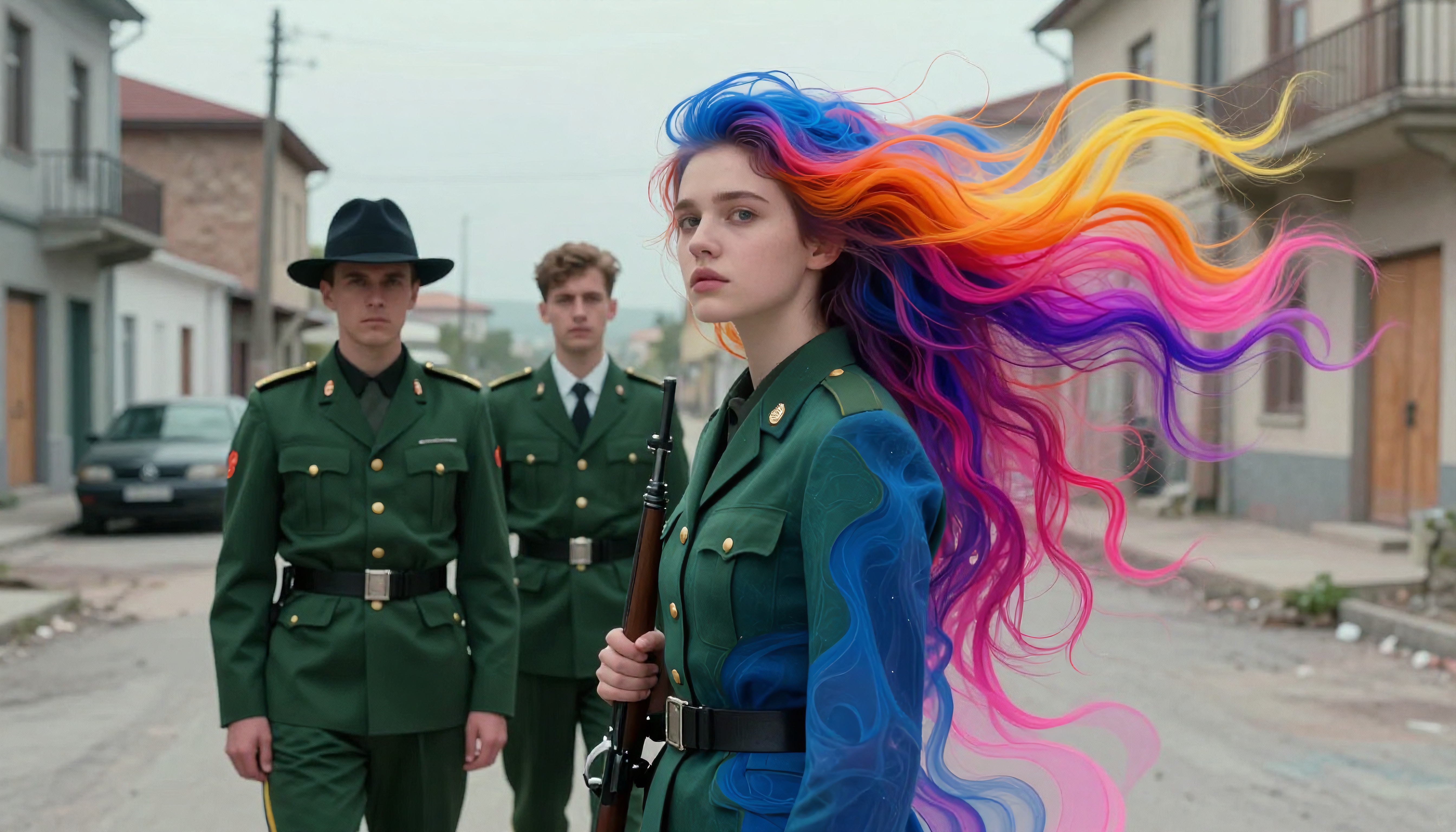 Portrait of woman in military uniform with vibrant hair on an urban street.