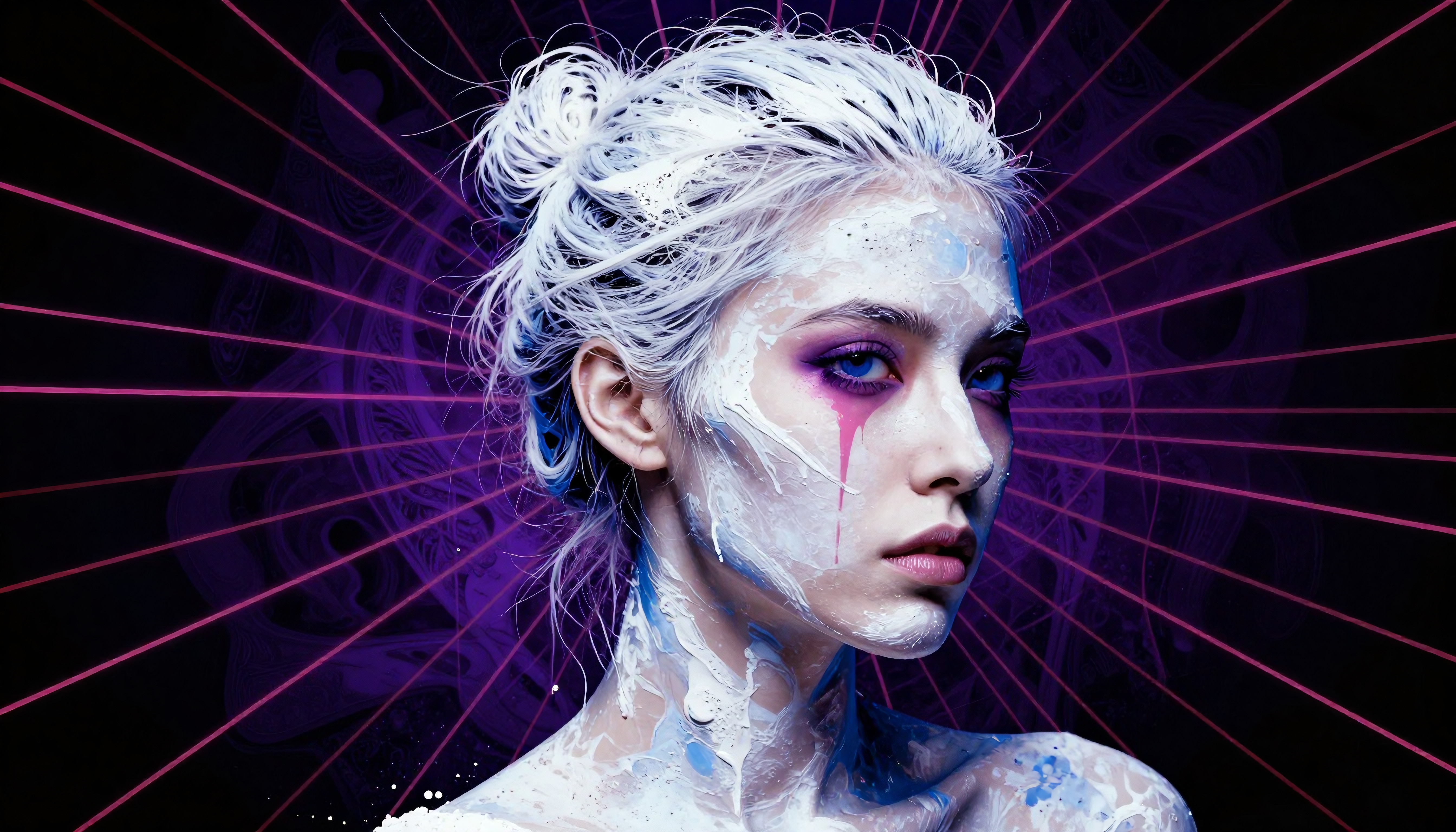 A surreal portrait features white hair and purple makeup.