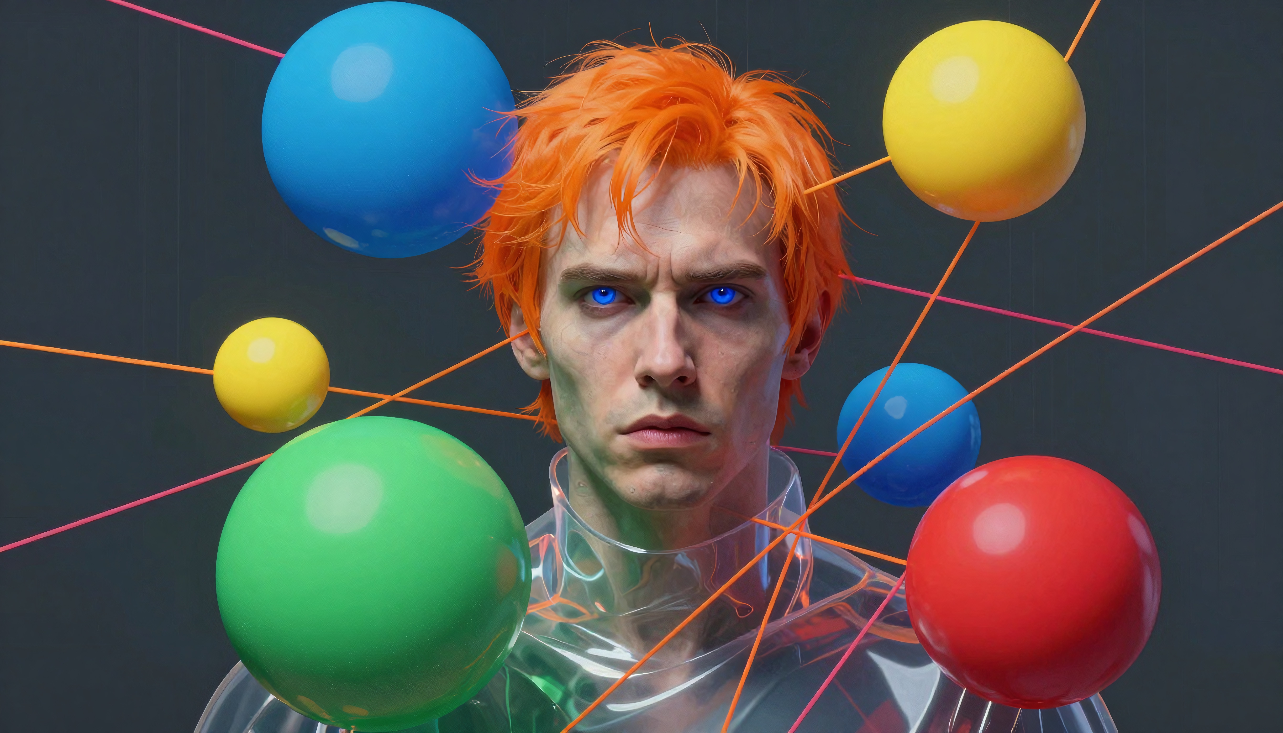 A vibrant portrait of a person with orange hair and blue eyes, surrounded by colorful spheres and geometric lines.