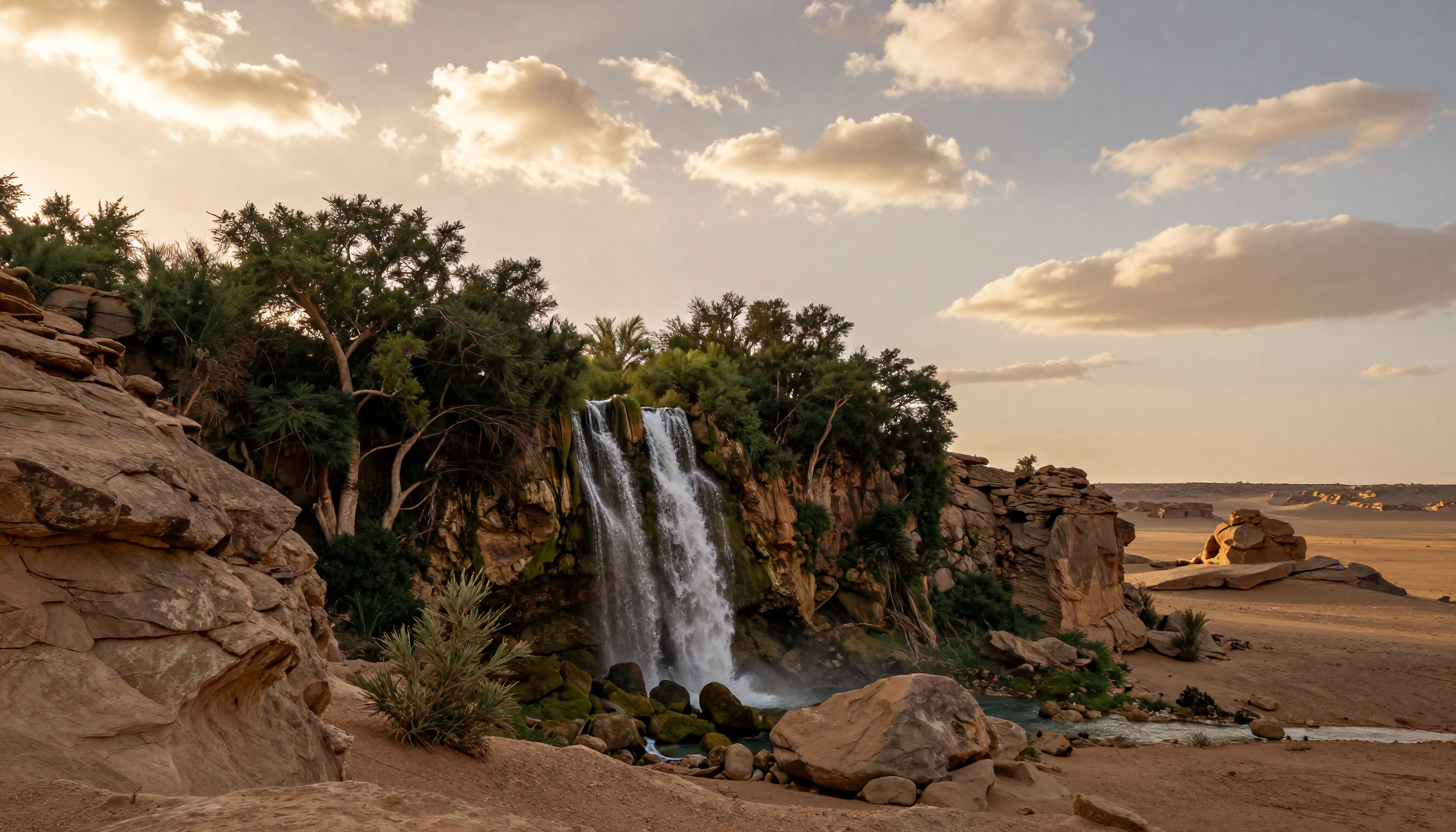 A stunning waterfall flows from a rocky cliff into a desert oasis, surrounded by greenery under a colorful sky.