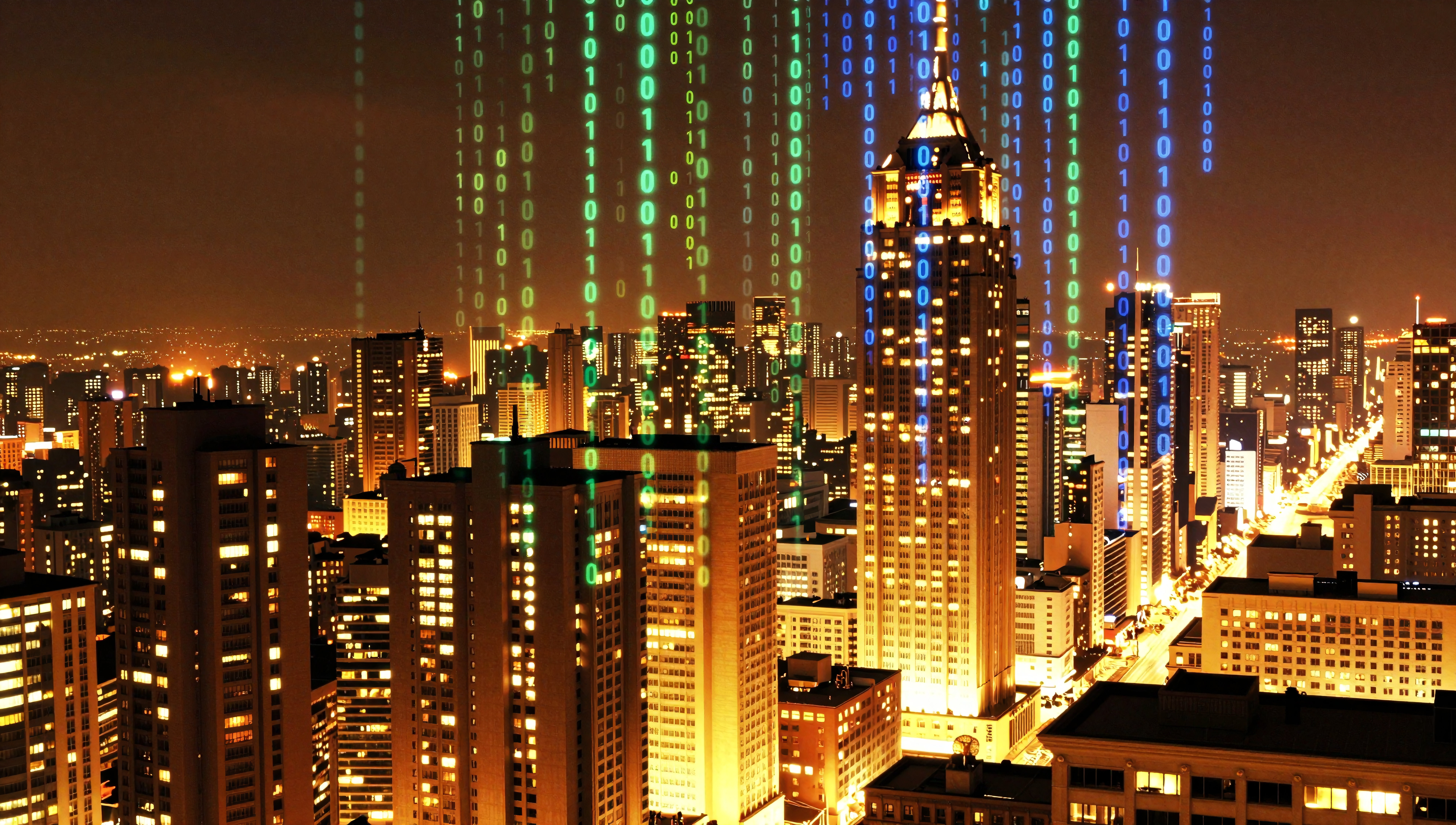 Futuristic cityscape with glowing towers and streaming digital binary code representing advanced technology integration