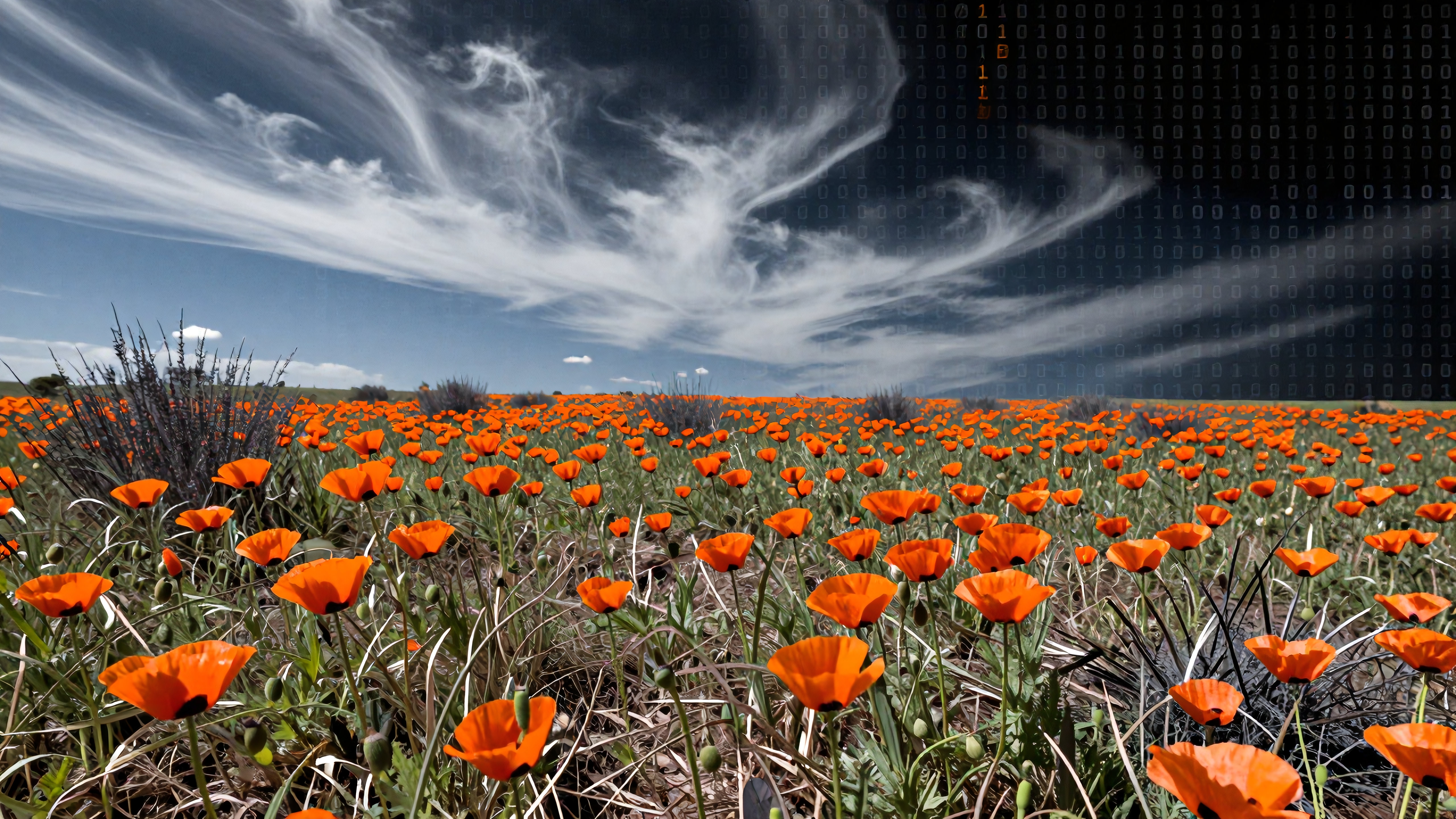 A vibrant field of orange poppies with binary code in the sky, illustrating nature's beauty and technology's presence.