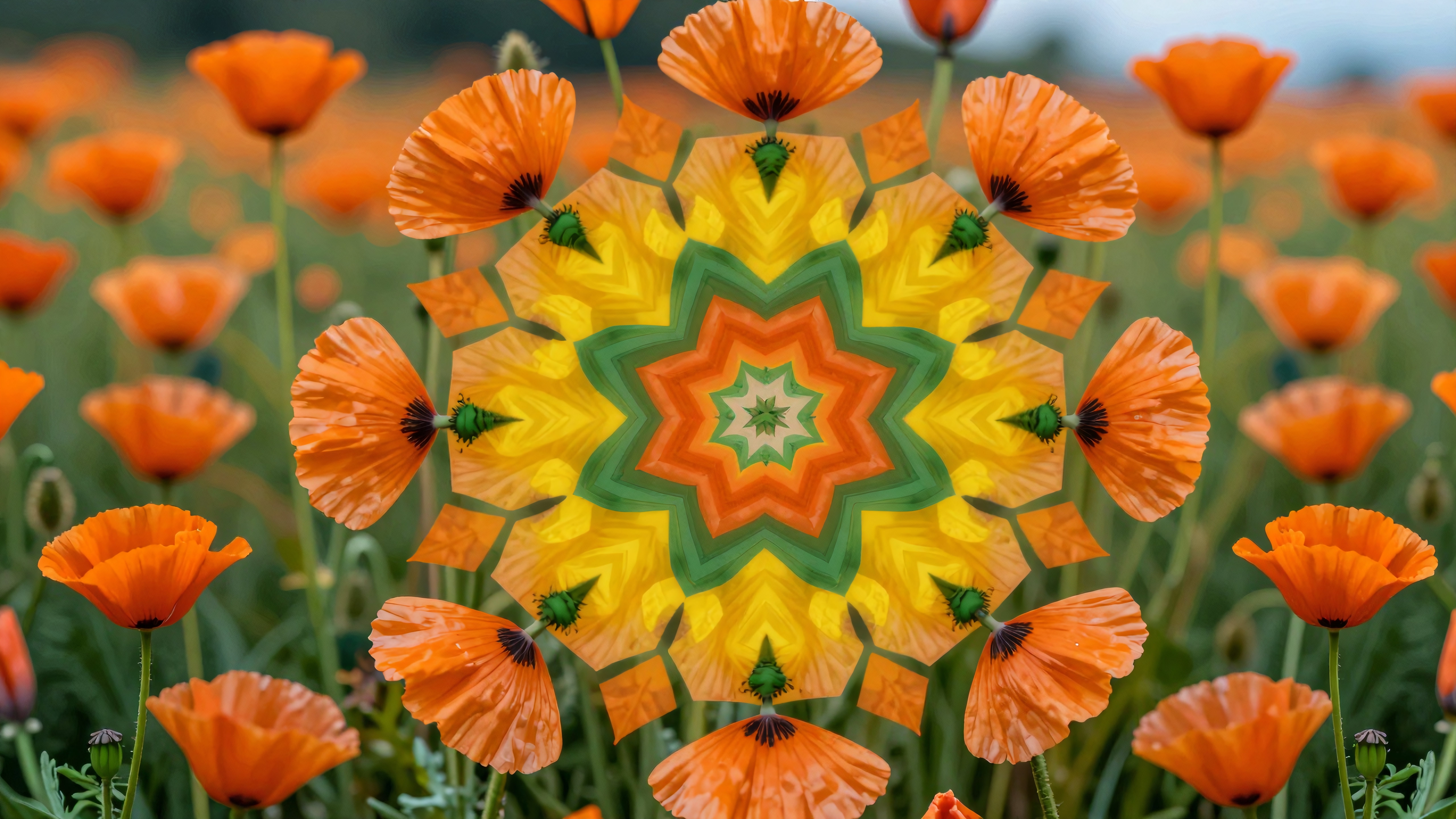 Vibrant field of orange poppies with kaleidoscope design.