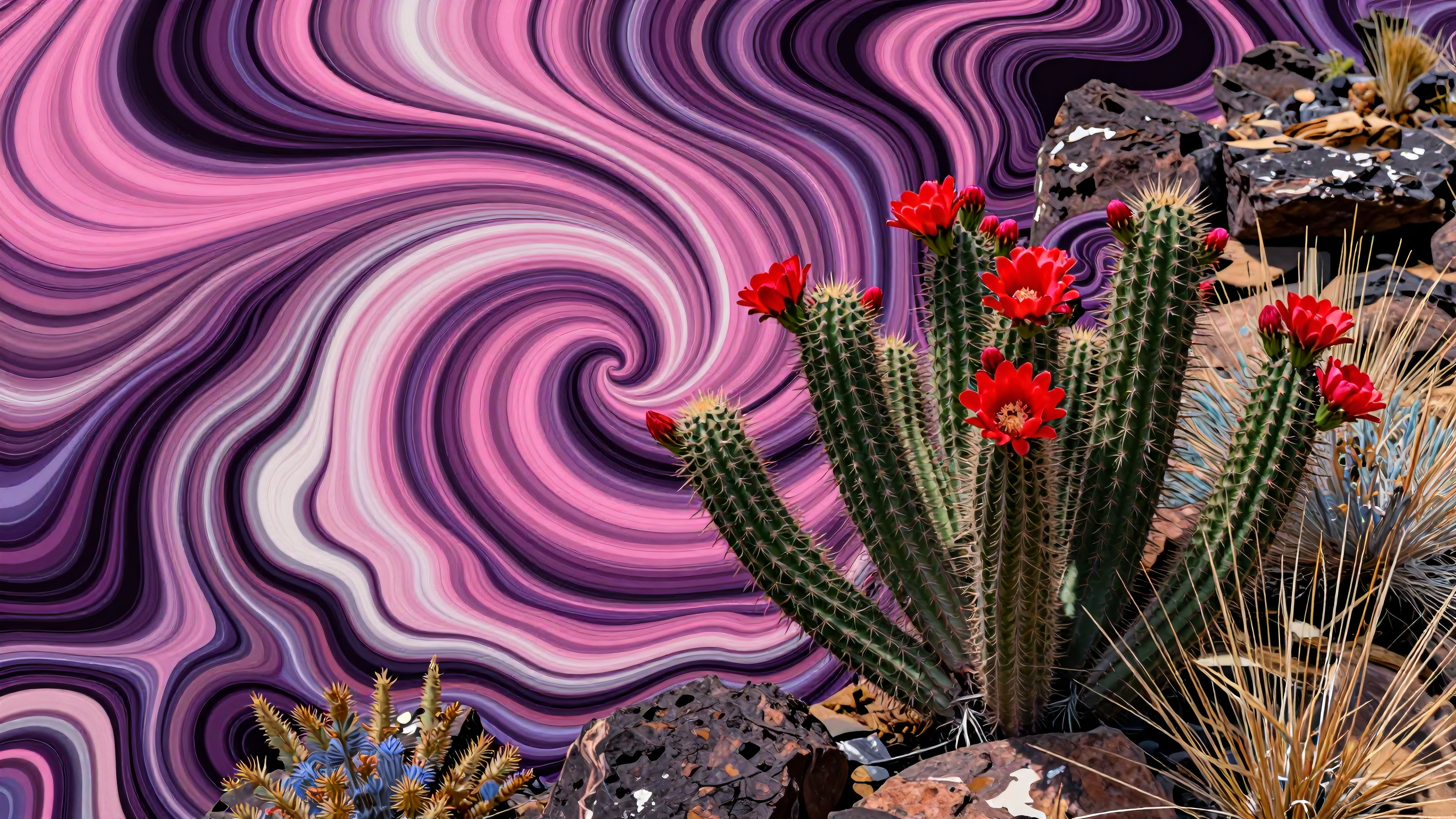 Cactus with red flowers against a vibrant, swirling purple and pink background in a desert setting.