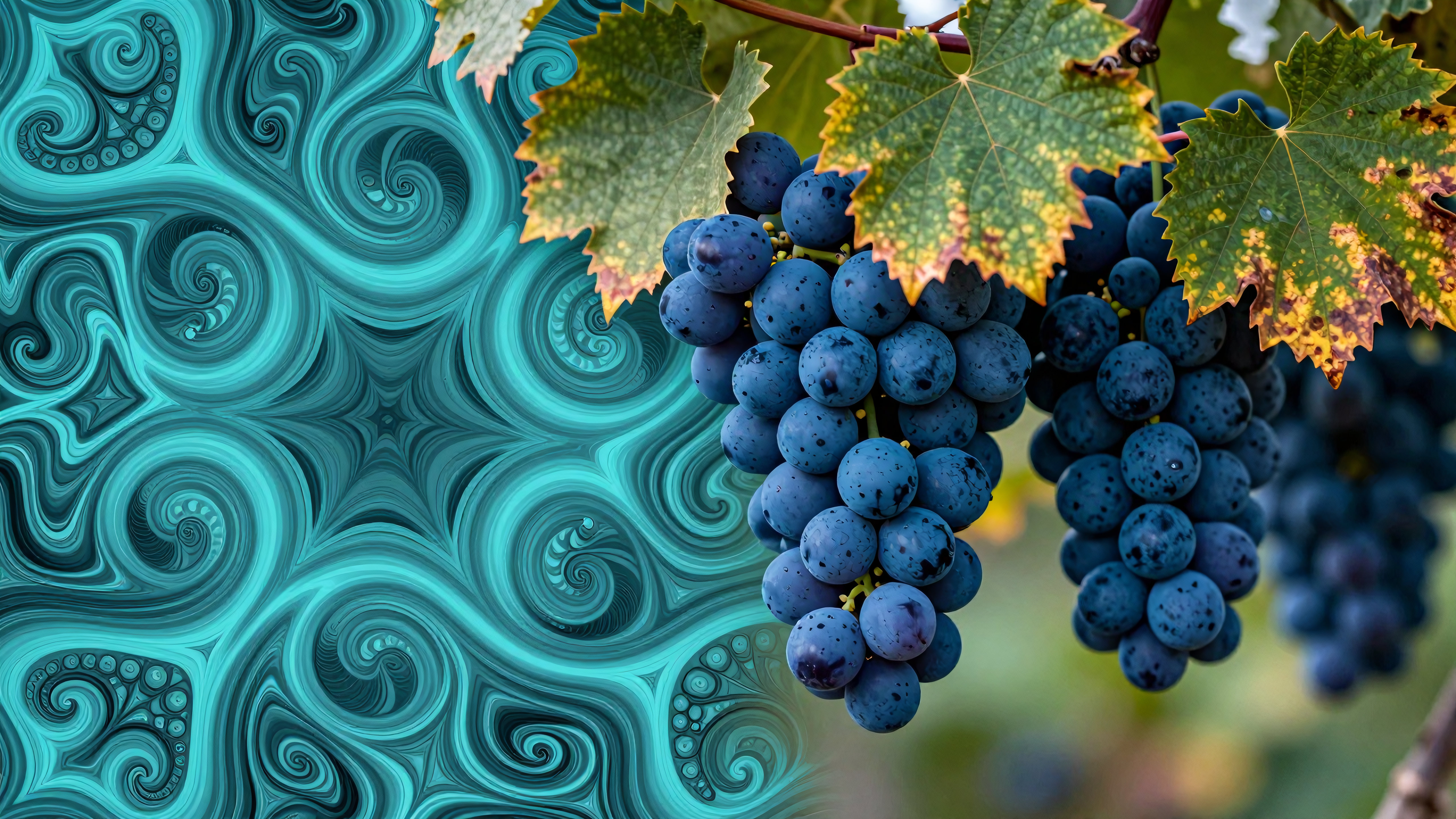 Abstract fractal teal background with hyperrealistic blue grapevines and autumn leaves