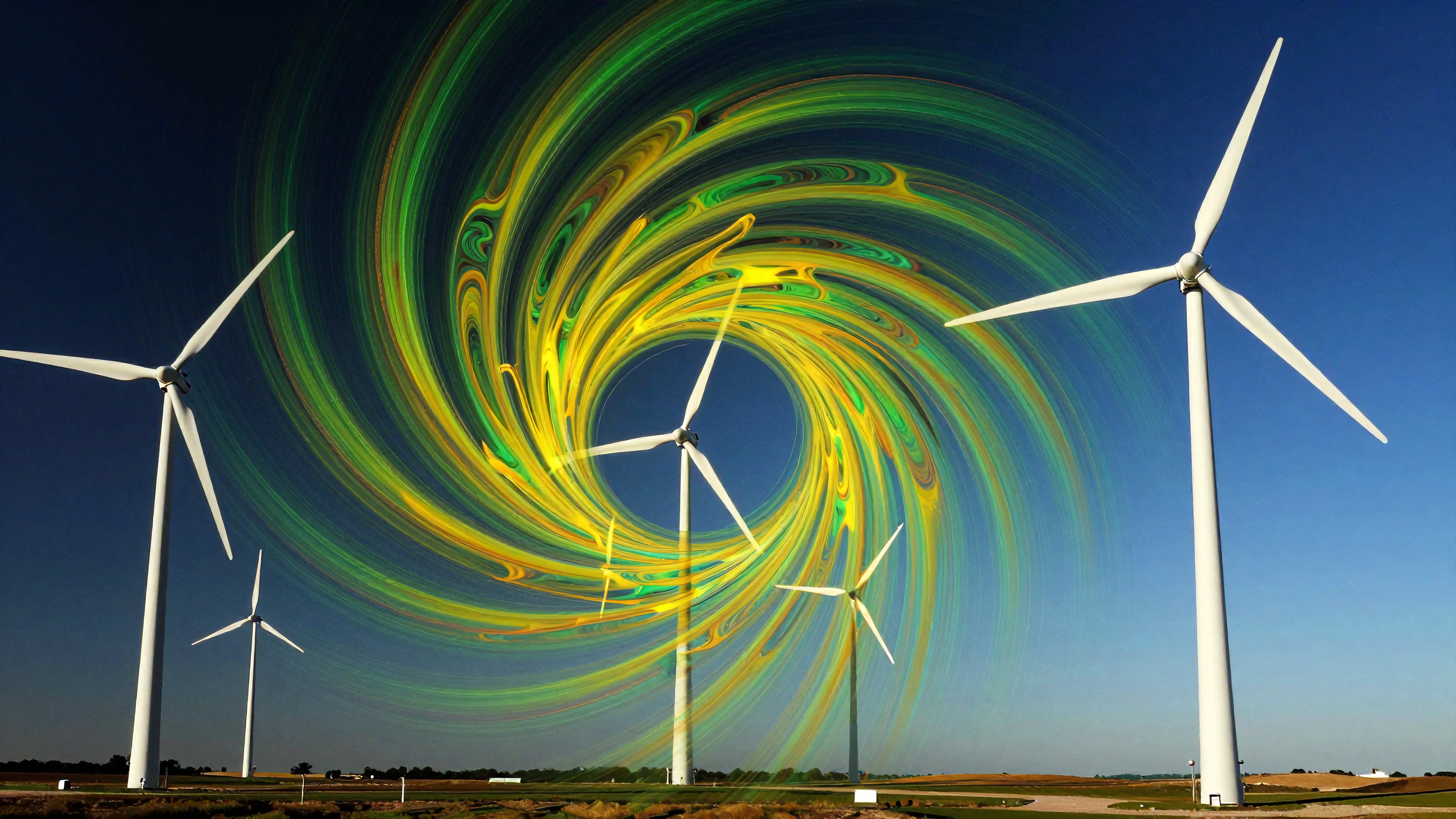 Wind turbines in landscape with swirling green and yellow vortex sky.