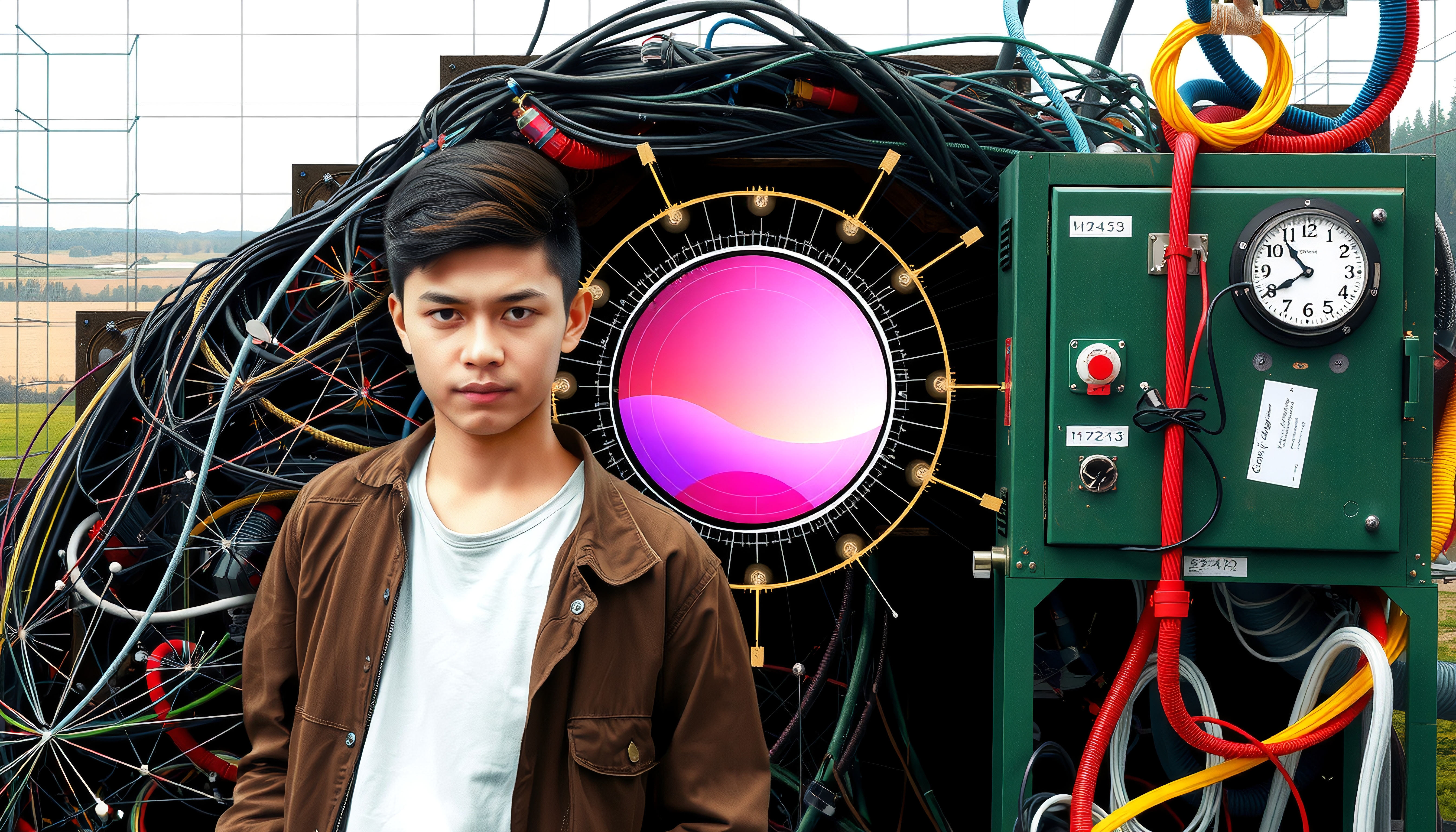 A young individual stands near a complex machine with colorful wires and a glowing orb, set against a field backdrop.