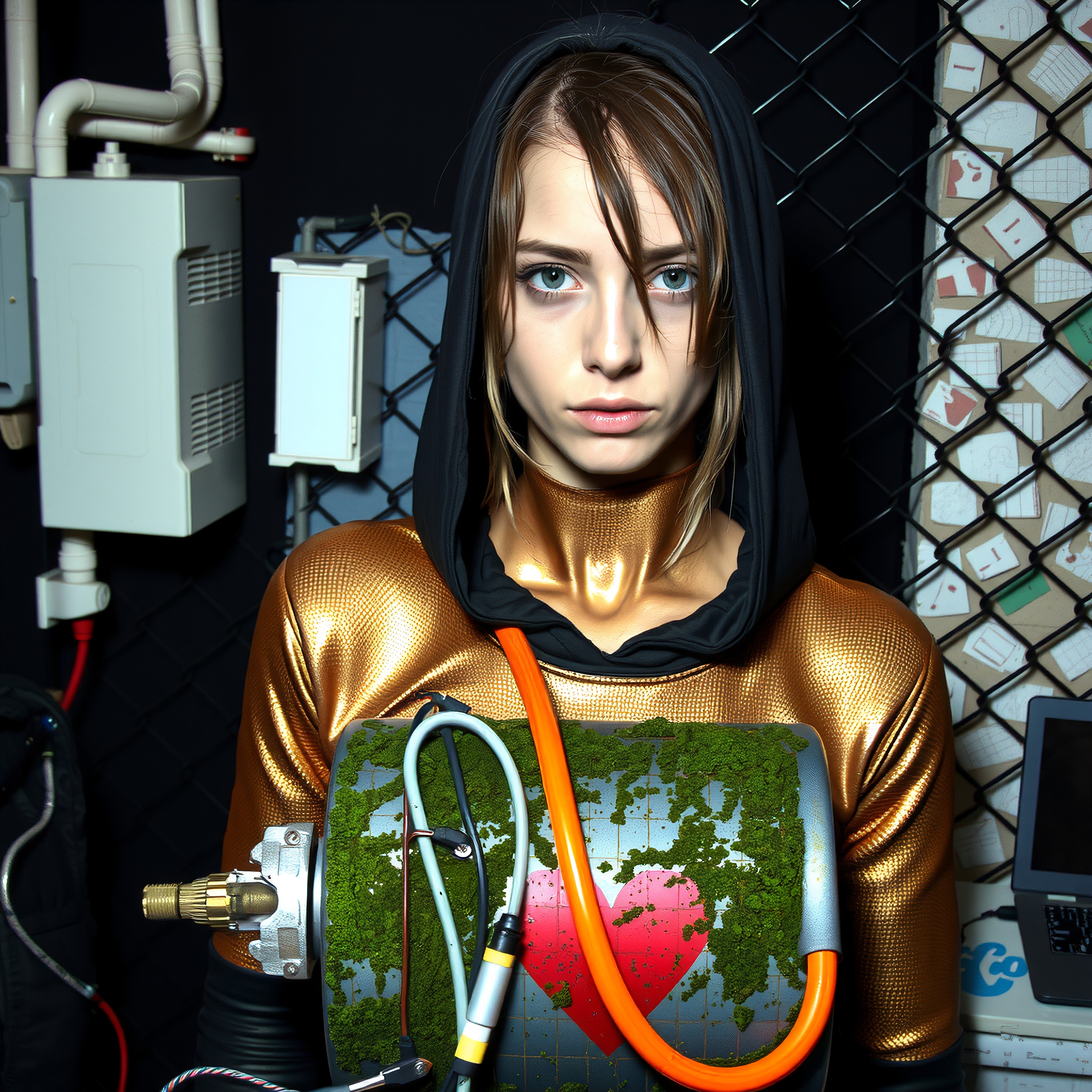 Futuristic woman wears golden bodysuit with heart emblem.
