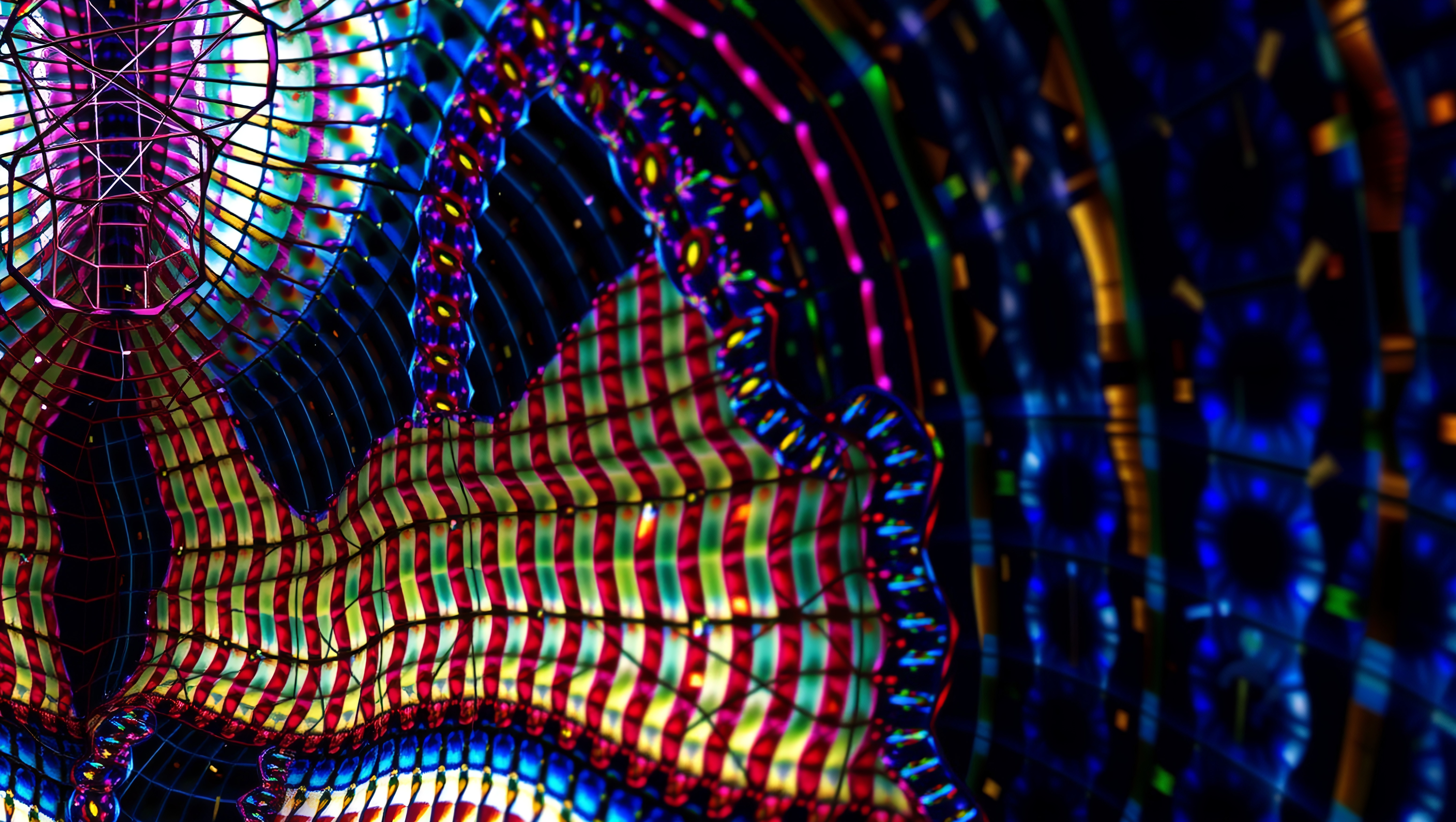 Vibrant abstract light patterns with colorful swirling shapes and deep blues.