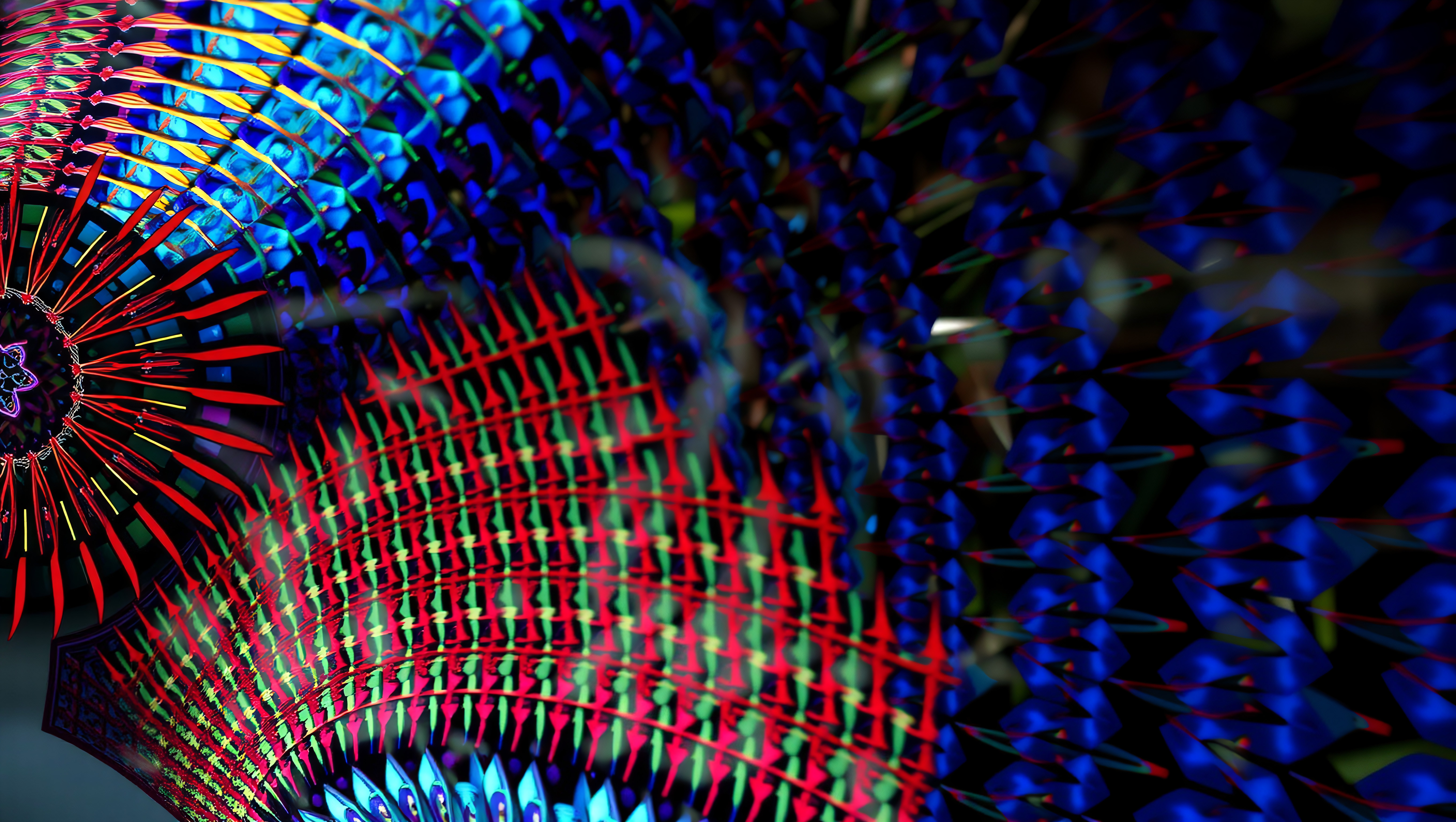 Vibrant abstract geometric digital art with kaleidoscopic red blue green yellow patterns