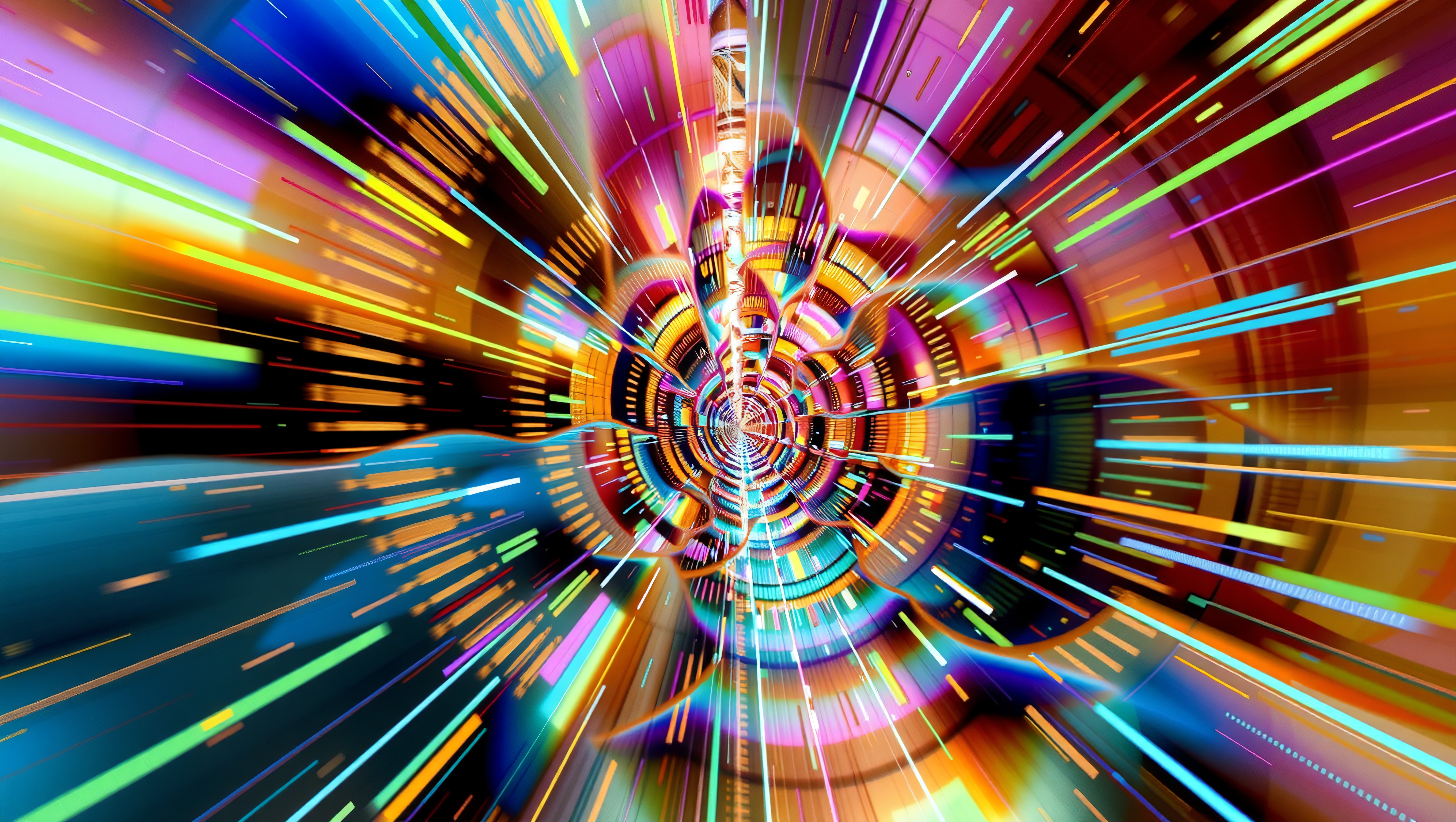 Colorful abstract image of vibrant, dynamic light streaks converging into a central point, creating a futuristic warp-speed effect.